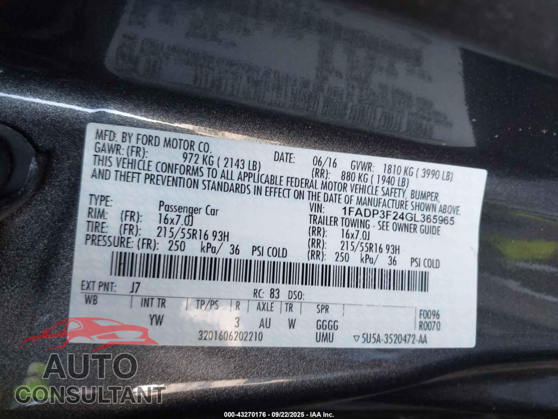 FORD FOCUS 2016 - 1FADP3F24GL365965