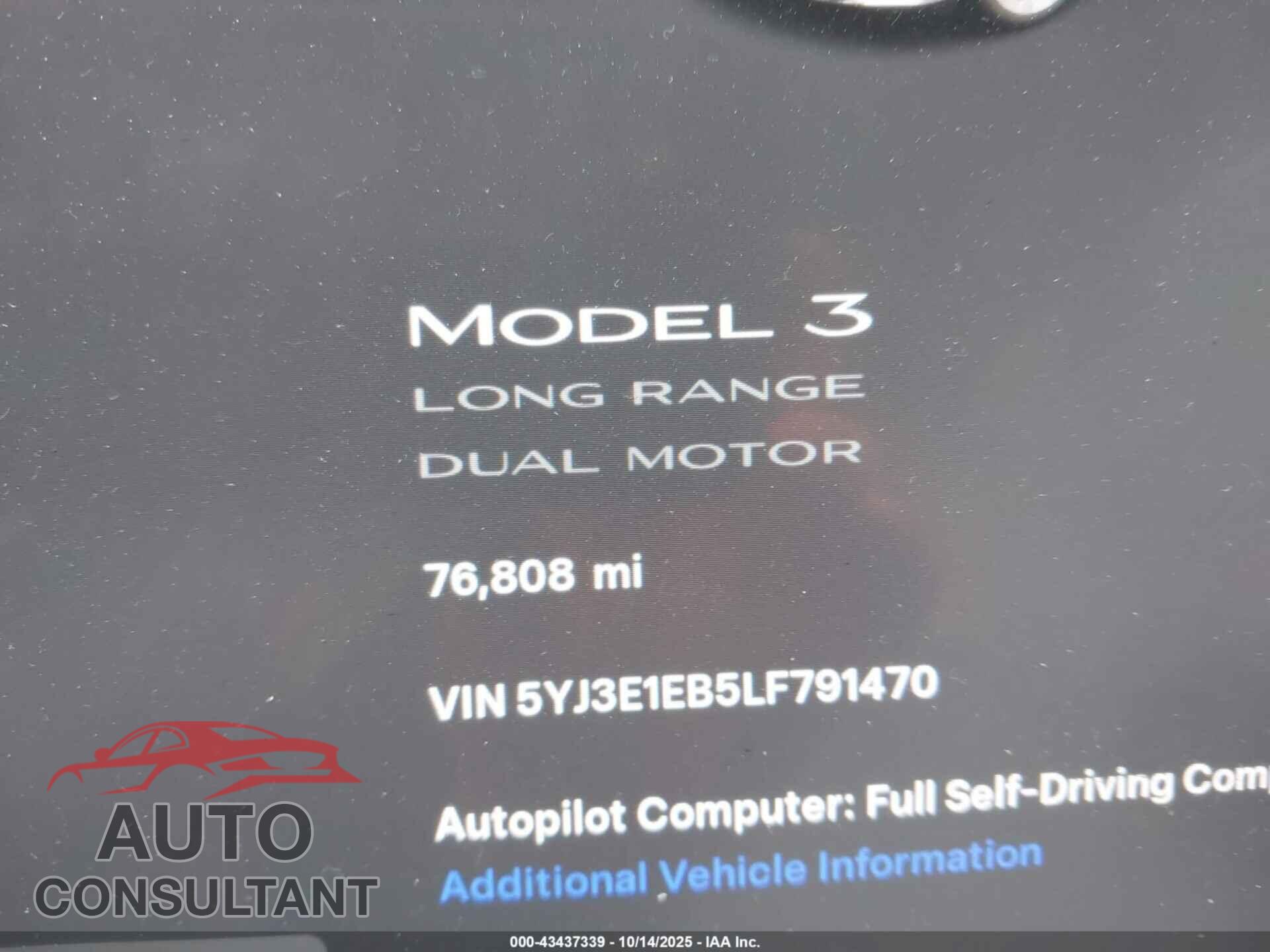 TESLA MODEL 3 2020 - 5YJ3E1EB5LF791470