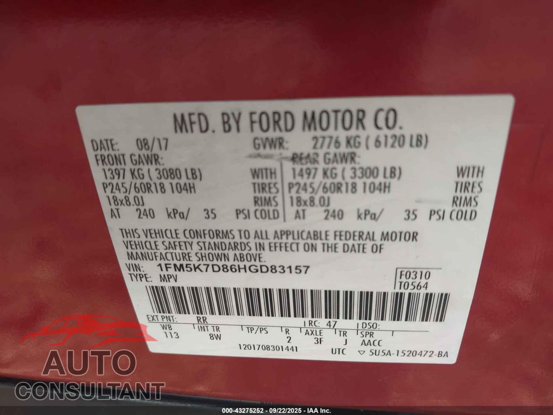 FORD EXPLORER 2017 - 1FM5K7D86HGD83157