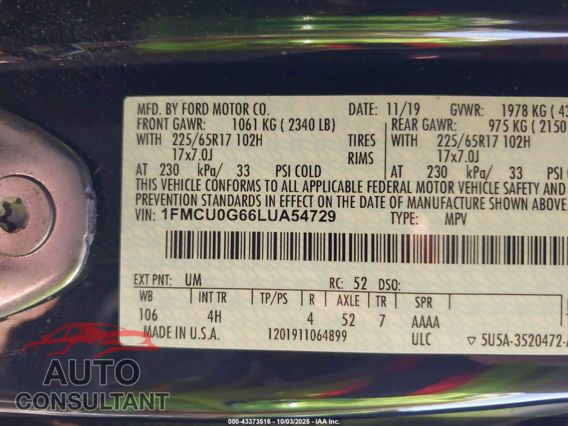 FORD ESCAPE 2020 - 1FMCU0G66LUA54729