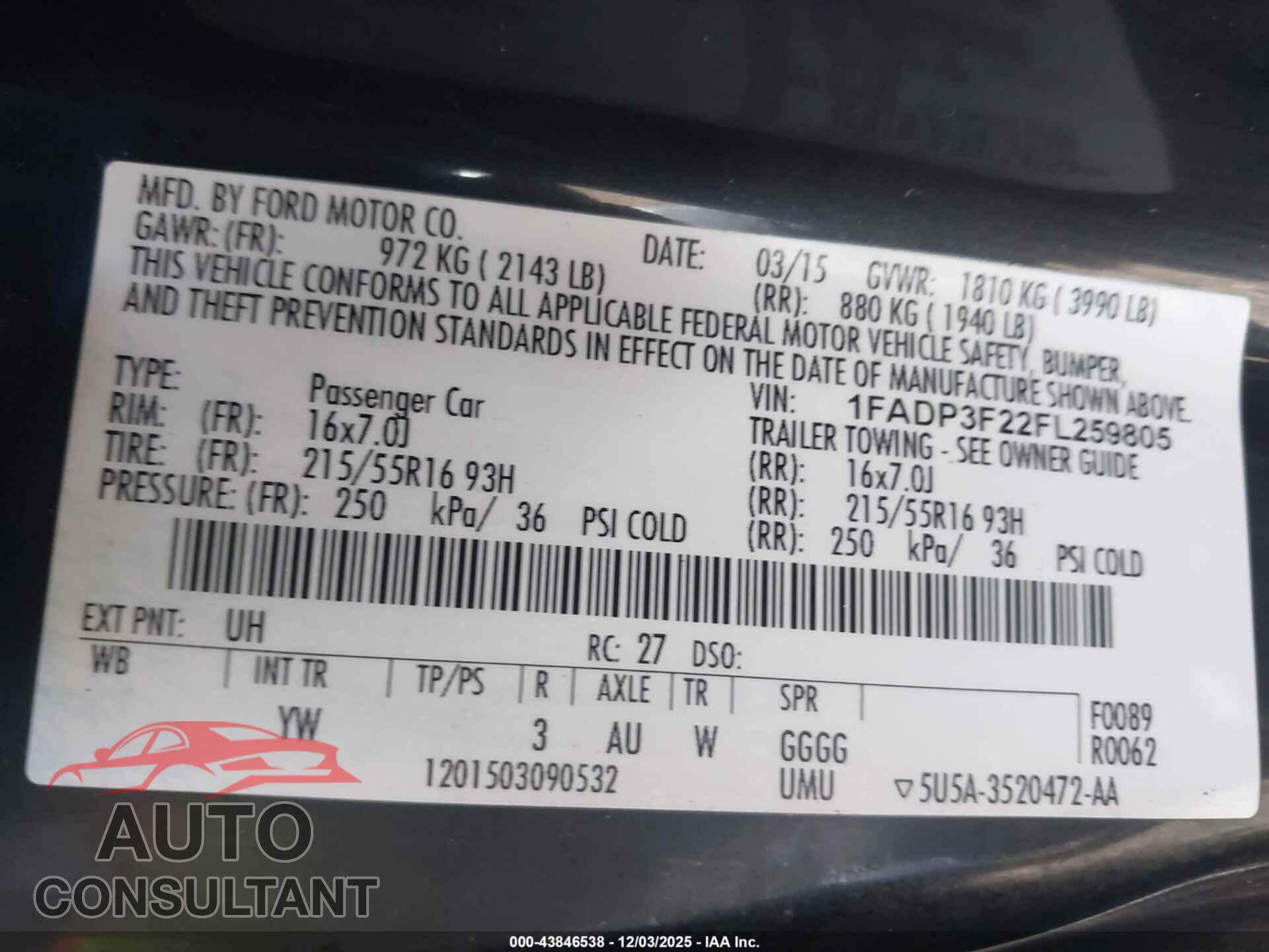 FORD FOCUS 2015 - 1FADP3F22FL259805