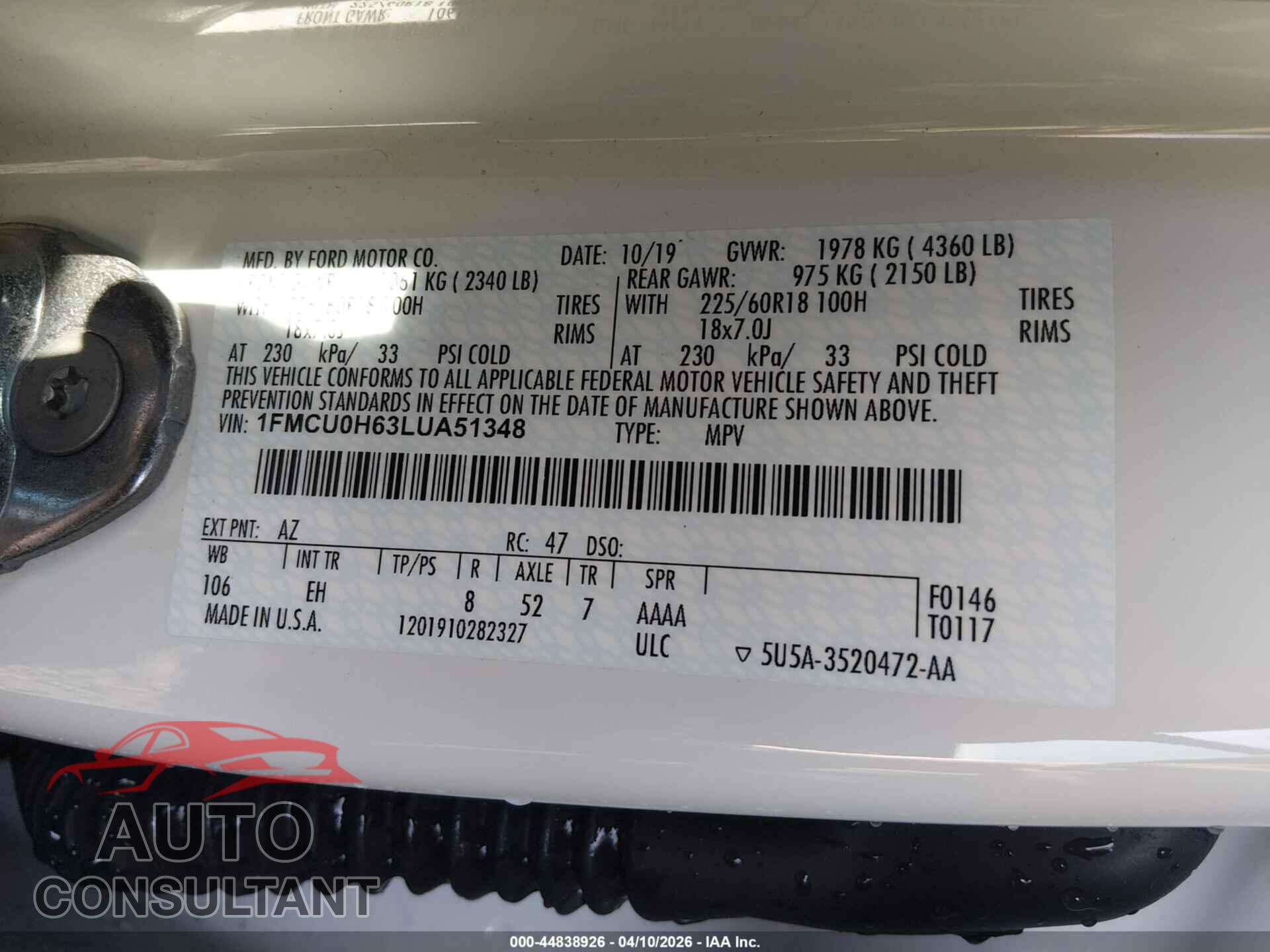 FORD ESCAPE 2020 - 1FMCU0H63LUA51348