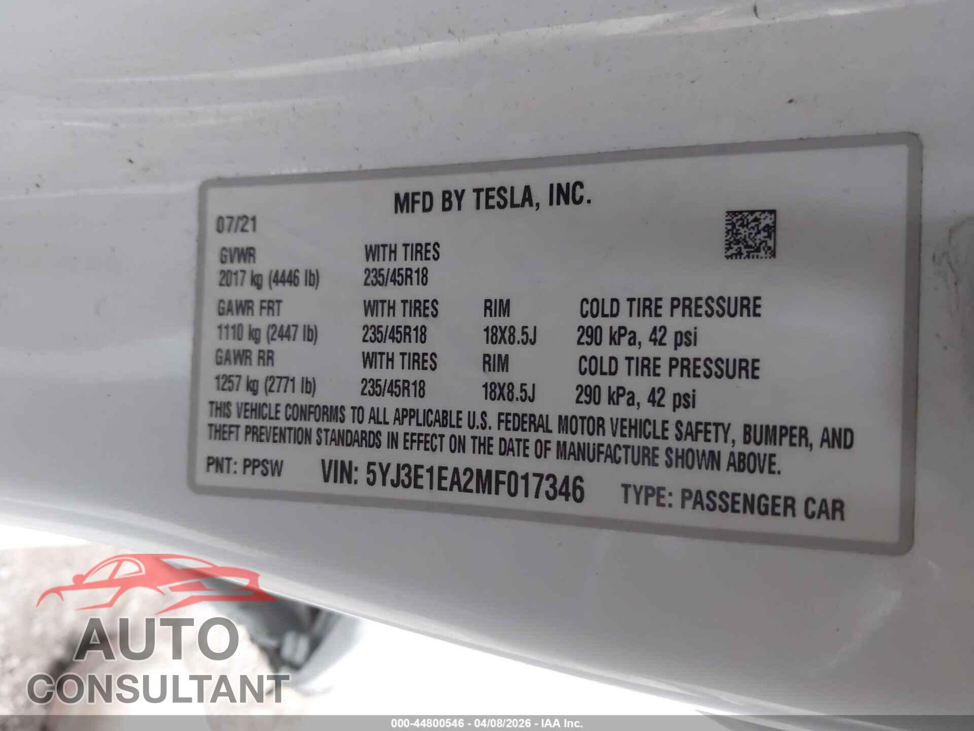 TESLA MODEL 3 2021 - 5YJ3E1EA2MF017346