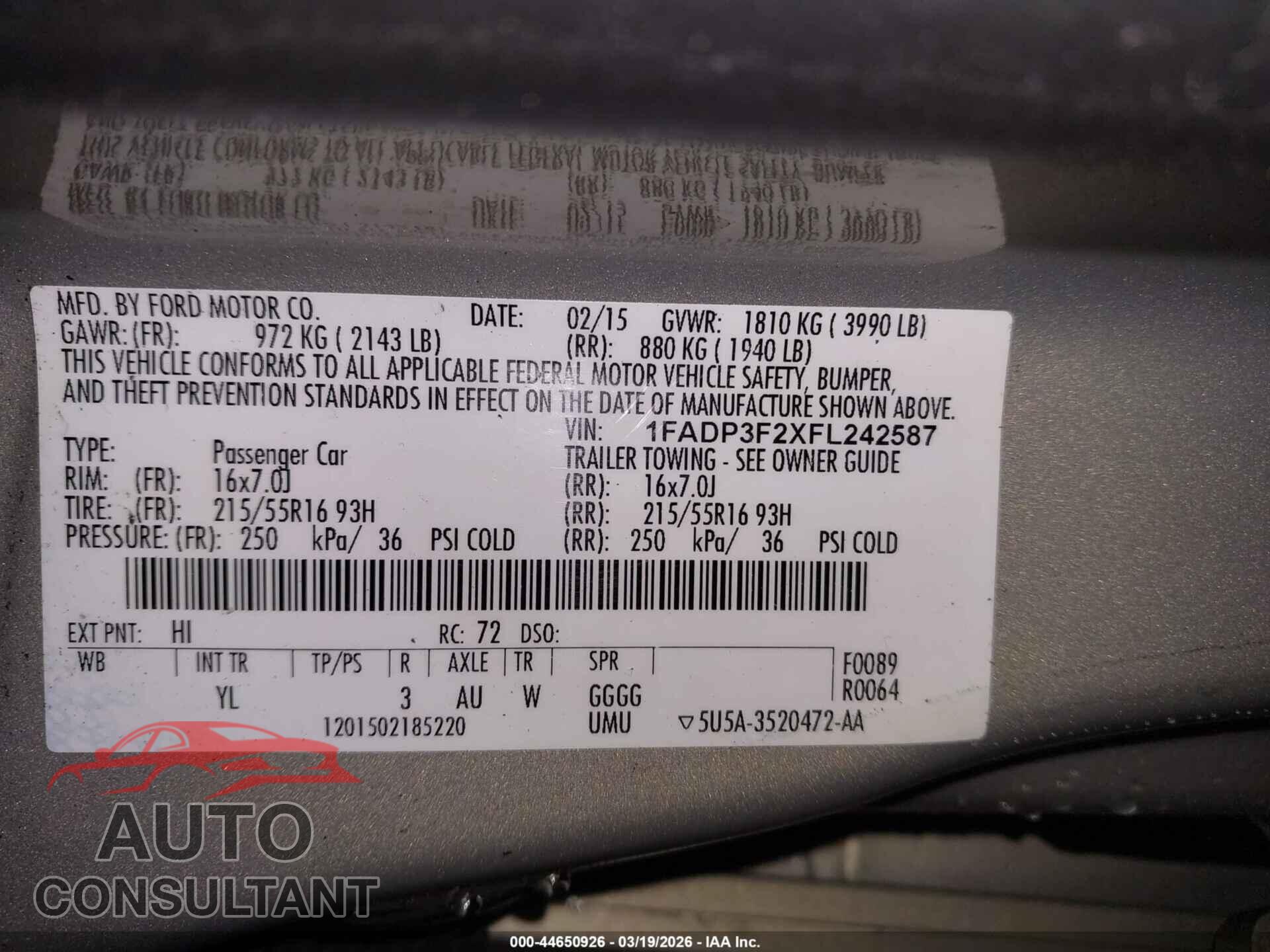 FORD FOCUS 2015 - 1FADP3F2XFL242587