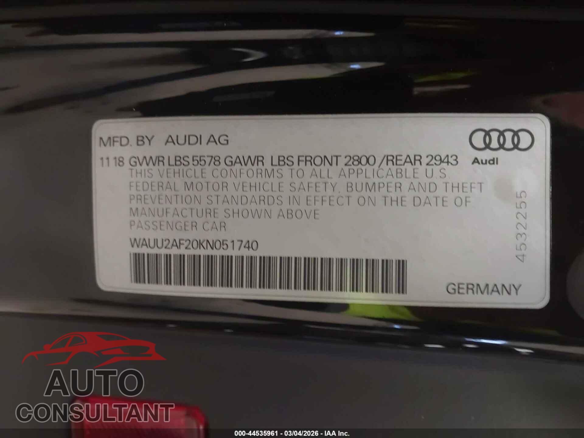 AUDI A7 2019 - WAUU2AF20KN051740