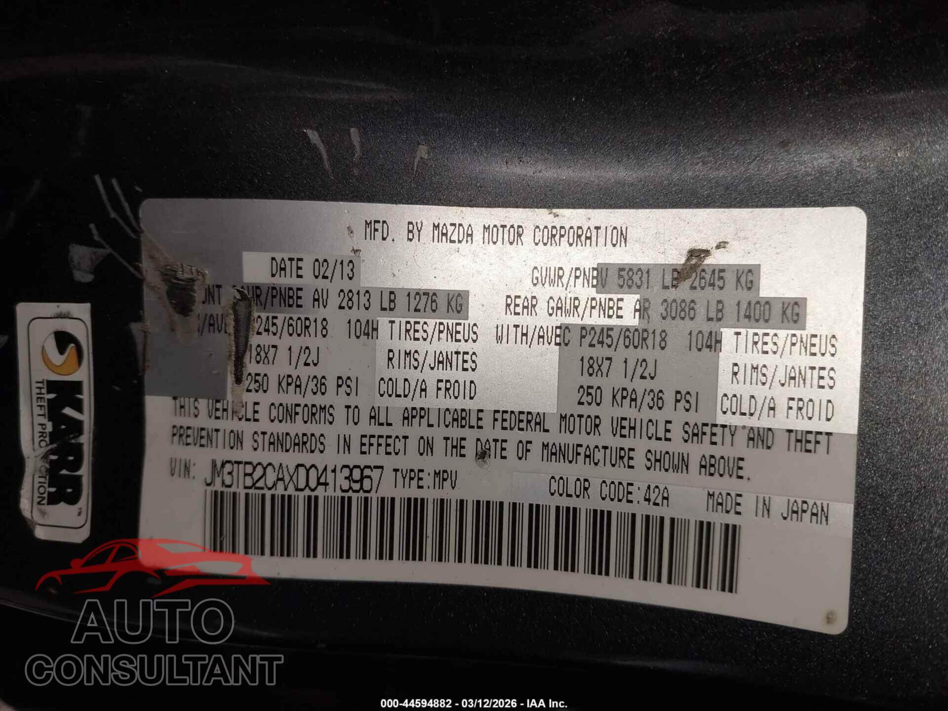 MAZDA CX-9 2013 - JM3TB2CAXD0413967