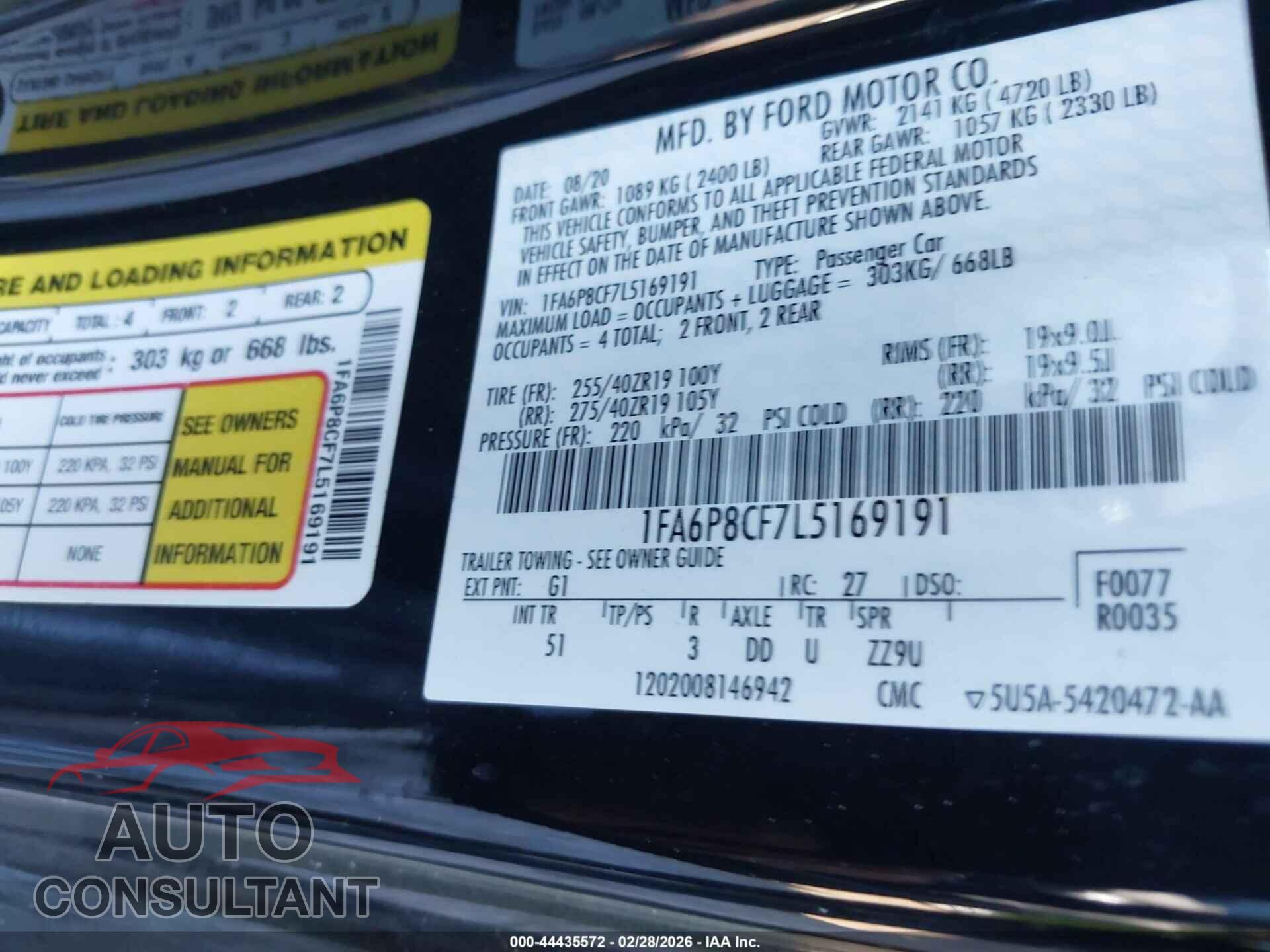 FORD MUSTANG 2020 - 1FA6P8CF7L5169191