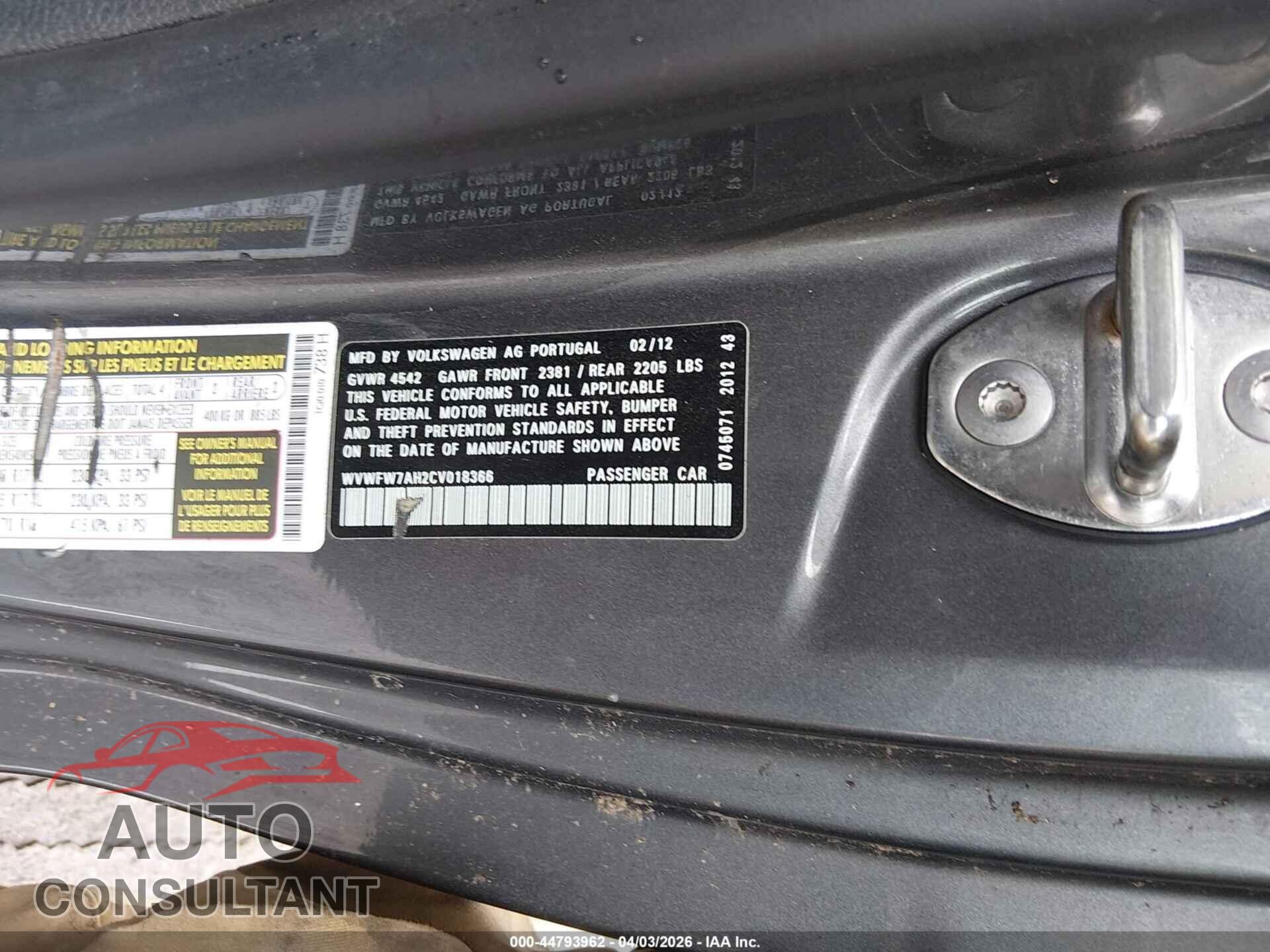VOLKSWAGEN EOS 2012 - WVWFW7AH2CV018366