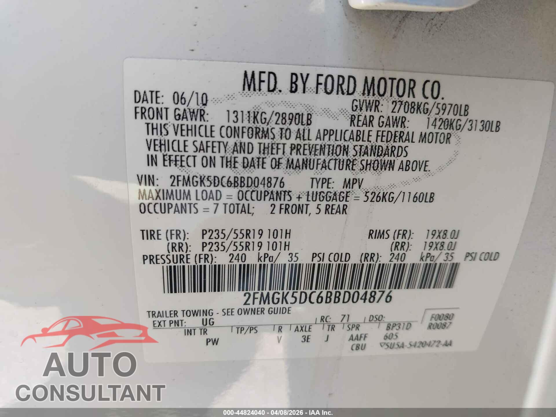 FORD FLEX 2011 - 2FMGK5DC6BBD04876