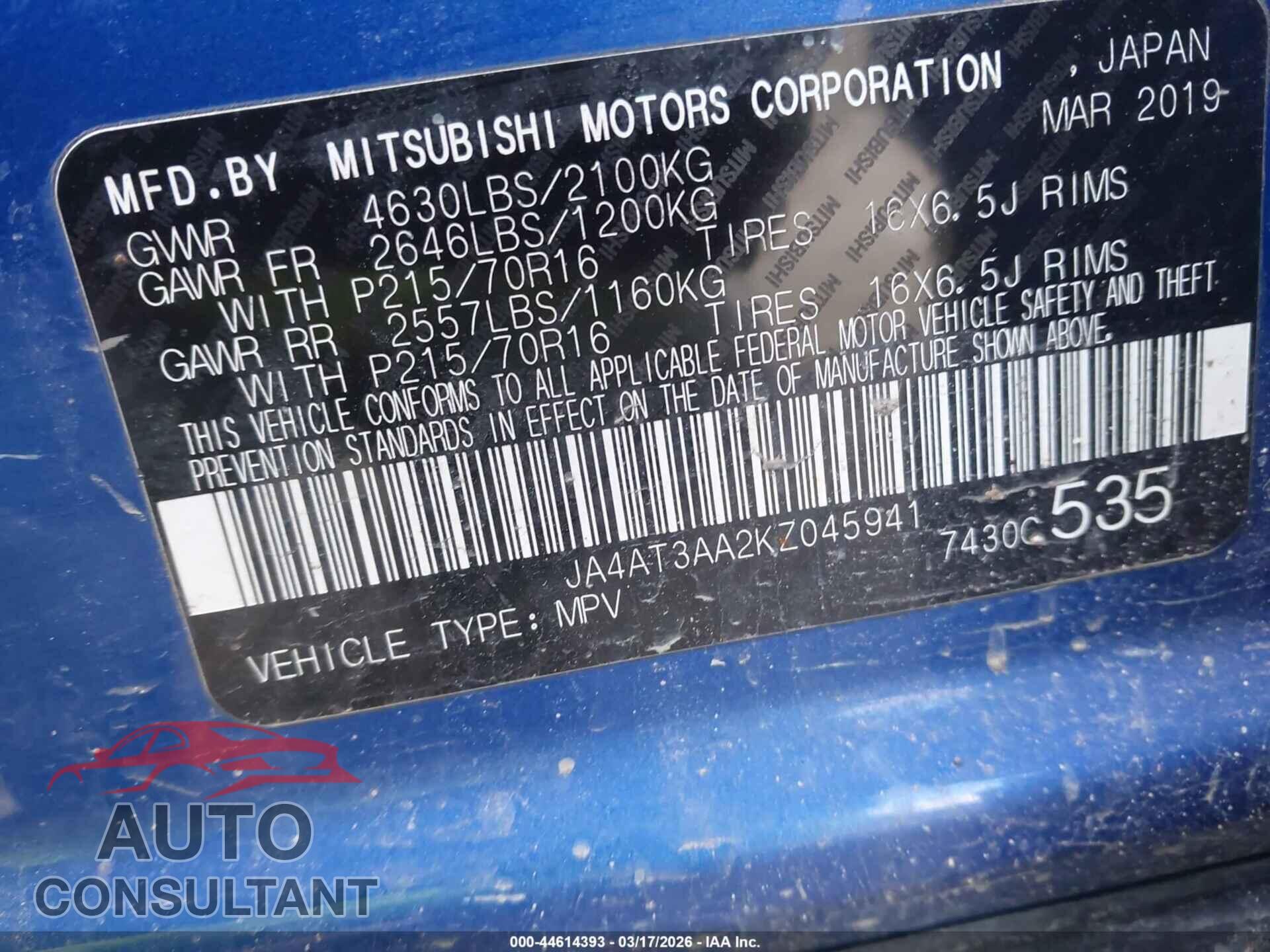 MITSUBISHI ECLIPSE CROSS 2019 - JA4AT3AA2KZ045941