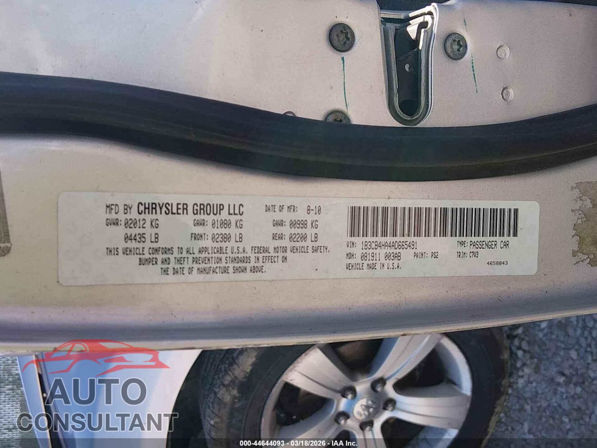 DODGE CALIBER 2010 - 1B3CB4HA4AD665491