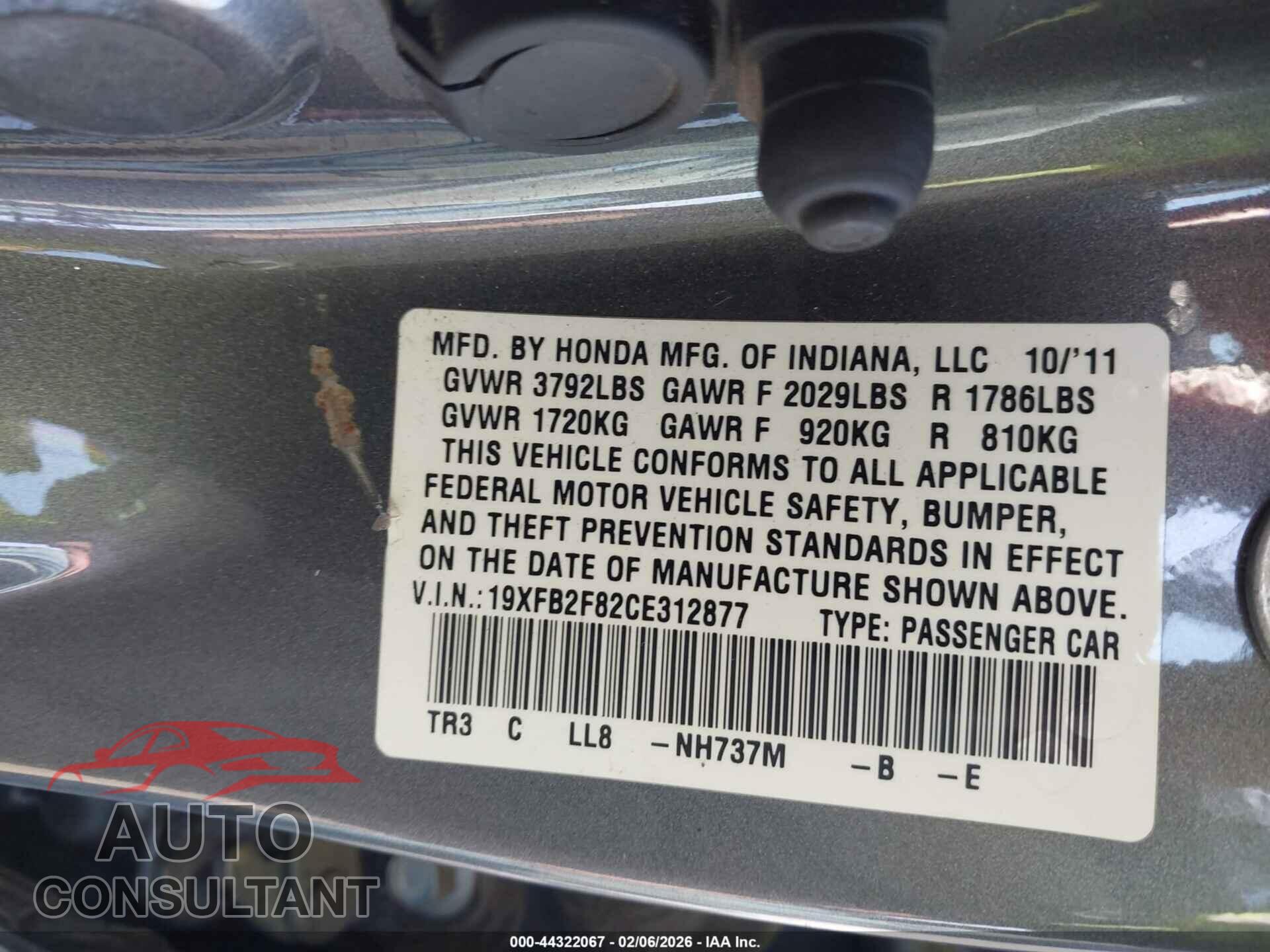 HONDA CIVIC 2012 - 19XFB2F82CE312877