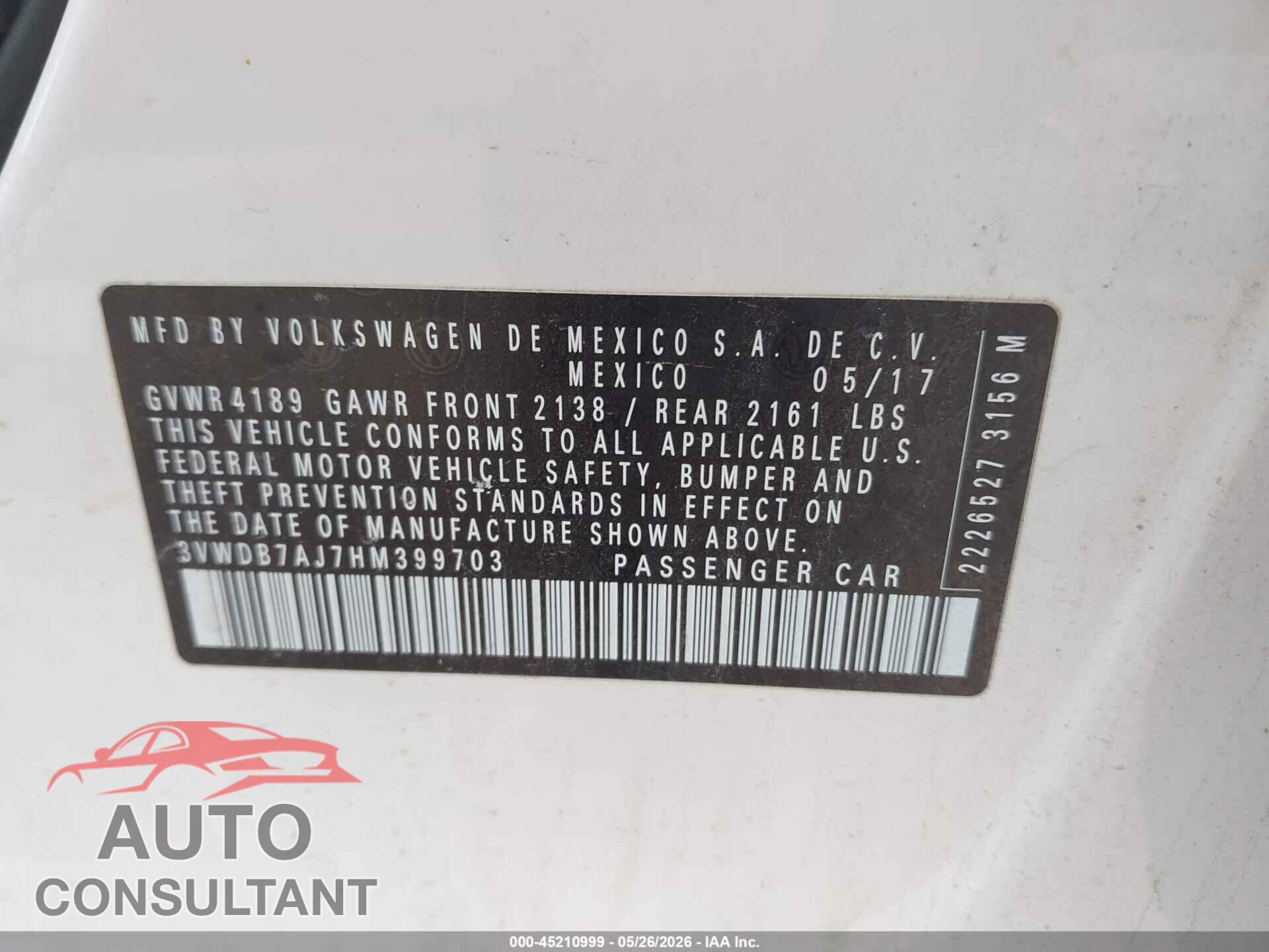 VOLKSWAGEN JETTA 2017 - 3VWDB7AJ7HM399703