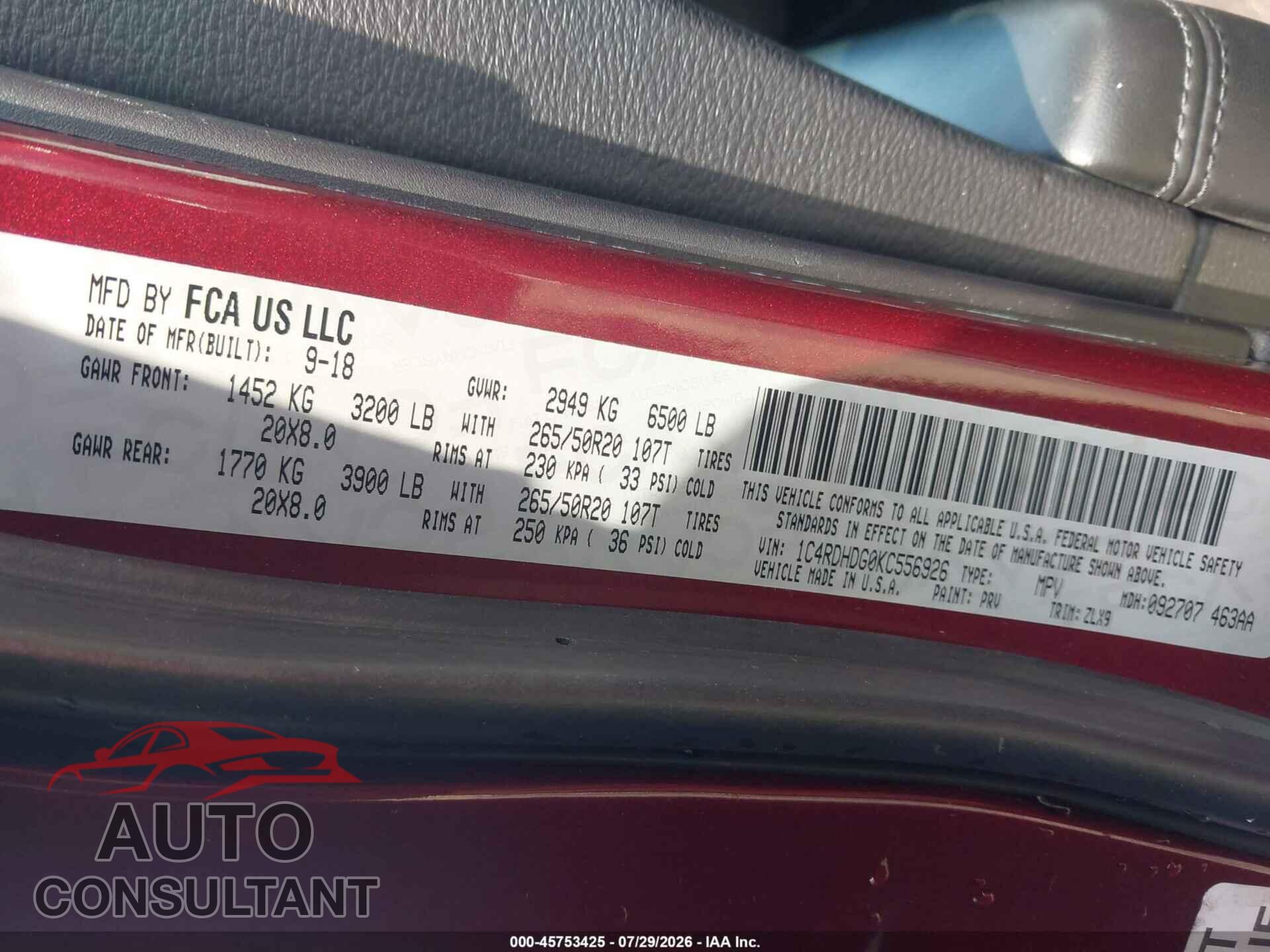 DODGE DURANGO 2019 - 1C4RDHDG0KC556926