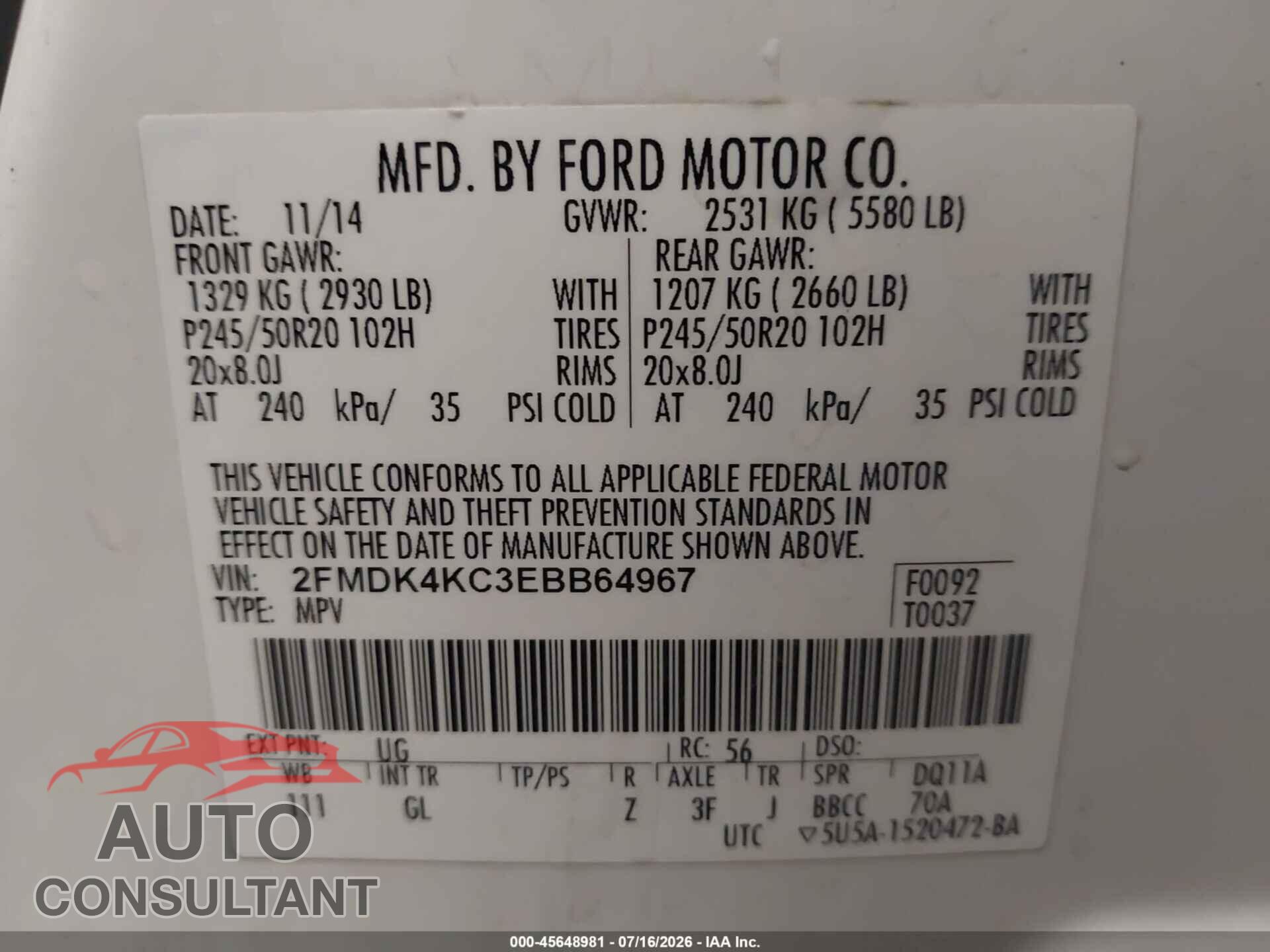 FORD EDGE 2014 - 2FMDK4KC3EBB64967