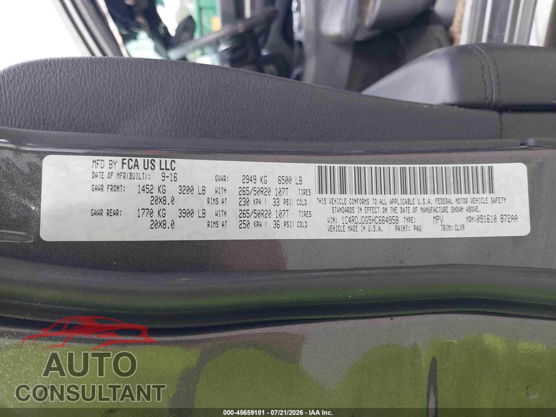 DODGE DURANGO 2017 - 1C4RDJDG5HC664958