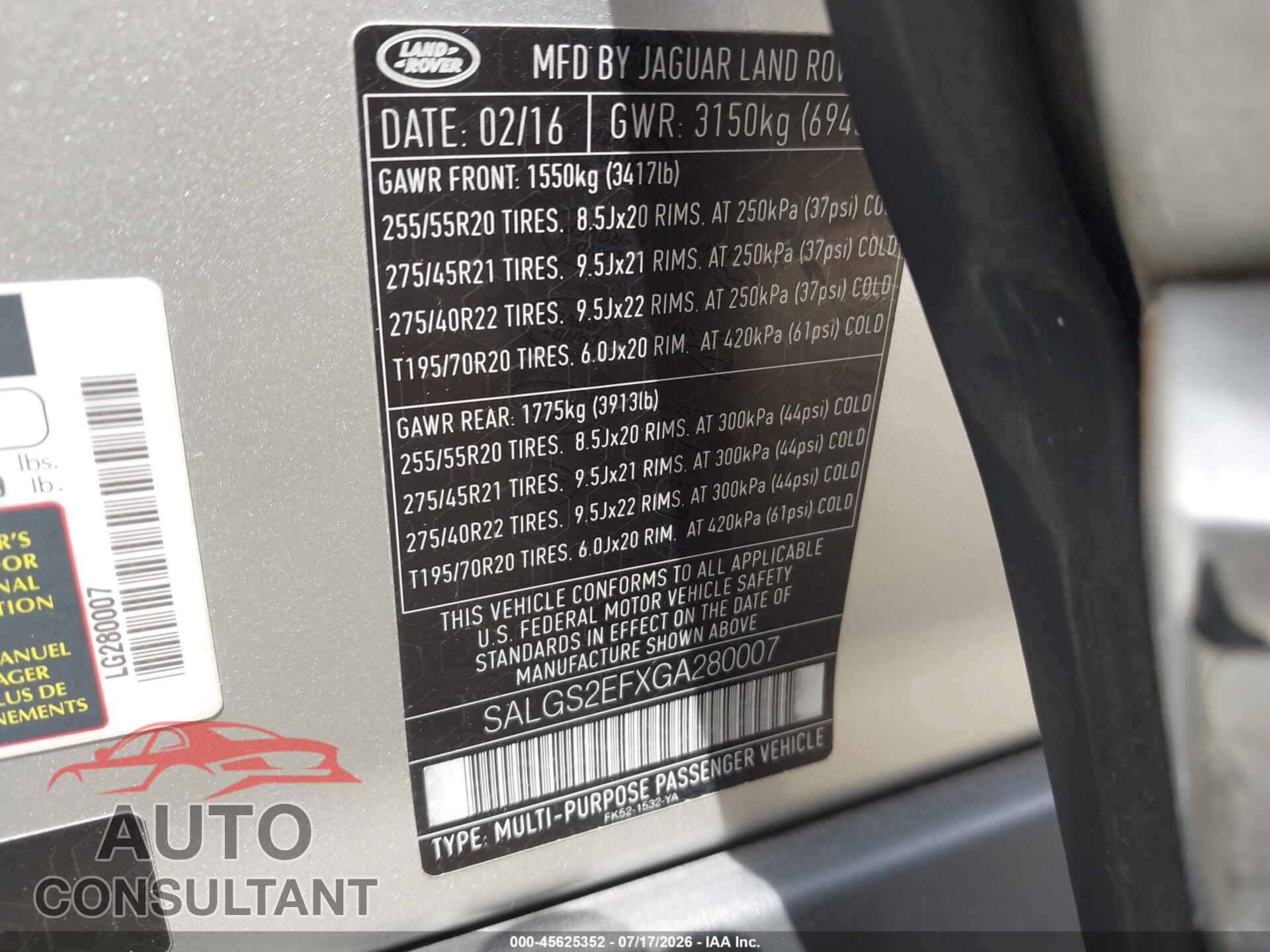 LAND ROVER RANGE ROVER 2016 - SALGS2EFXGA280007