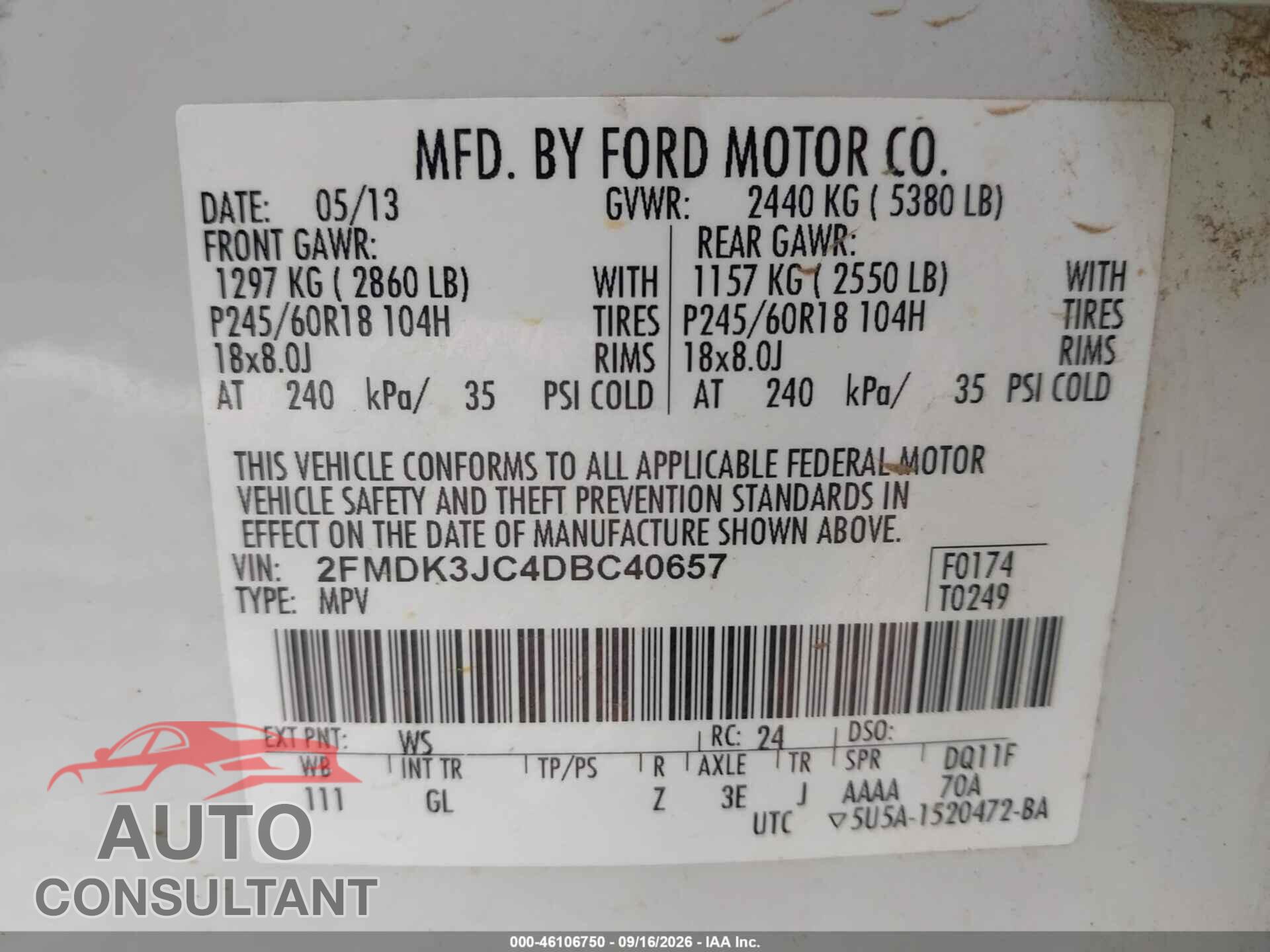 FORD EDGE 2013 - 2FMDK3JC4DBC40657