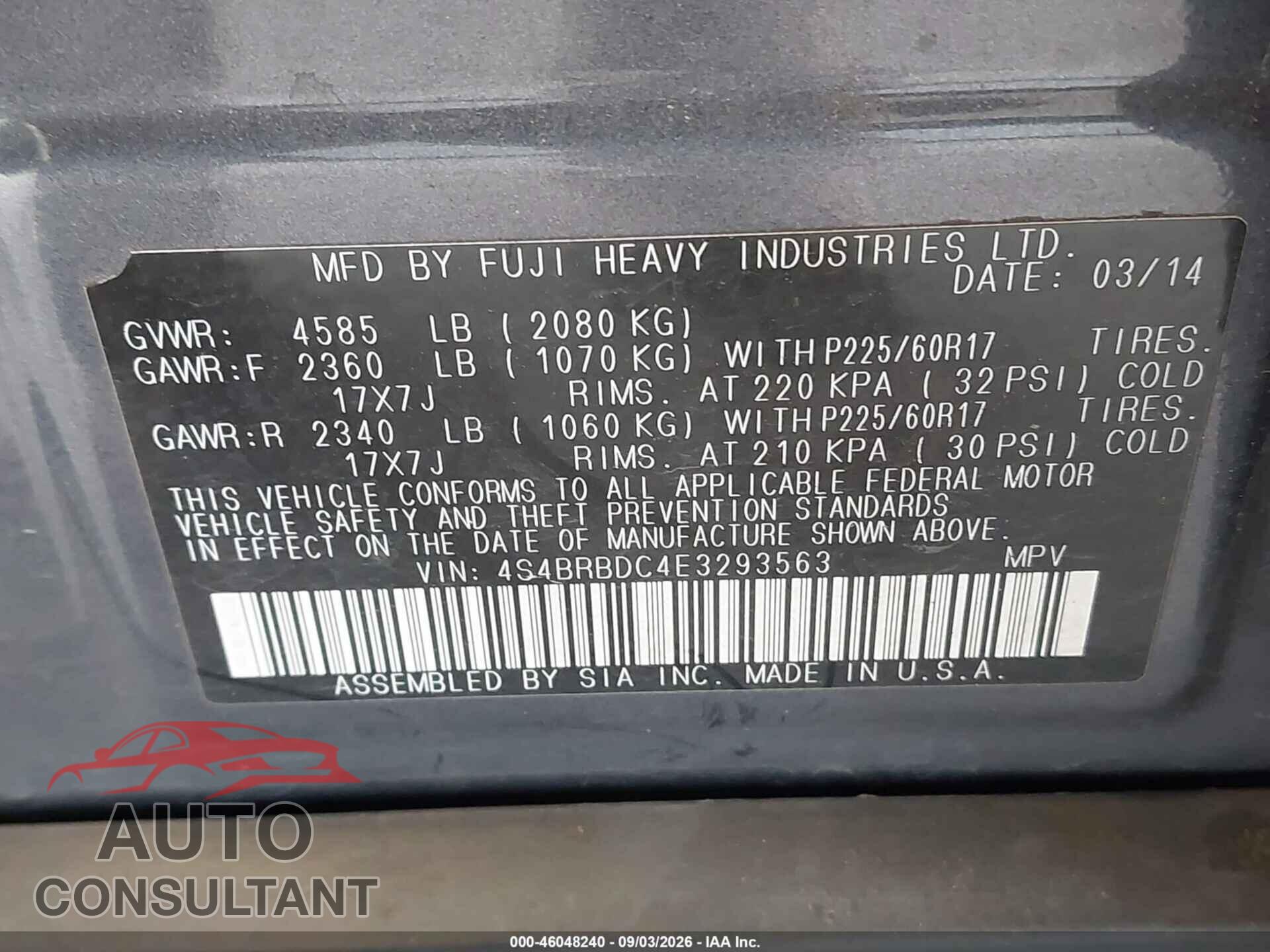 SUBARU OUTBACK 2014 - 4S4BRBDC4E3293563