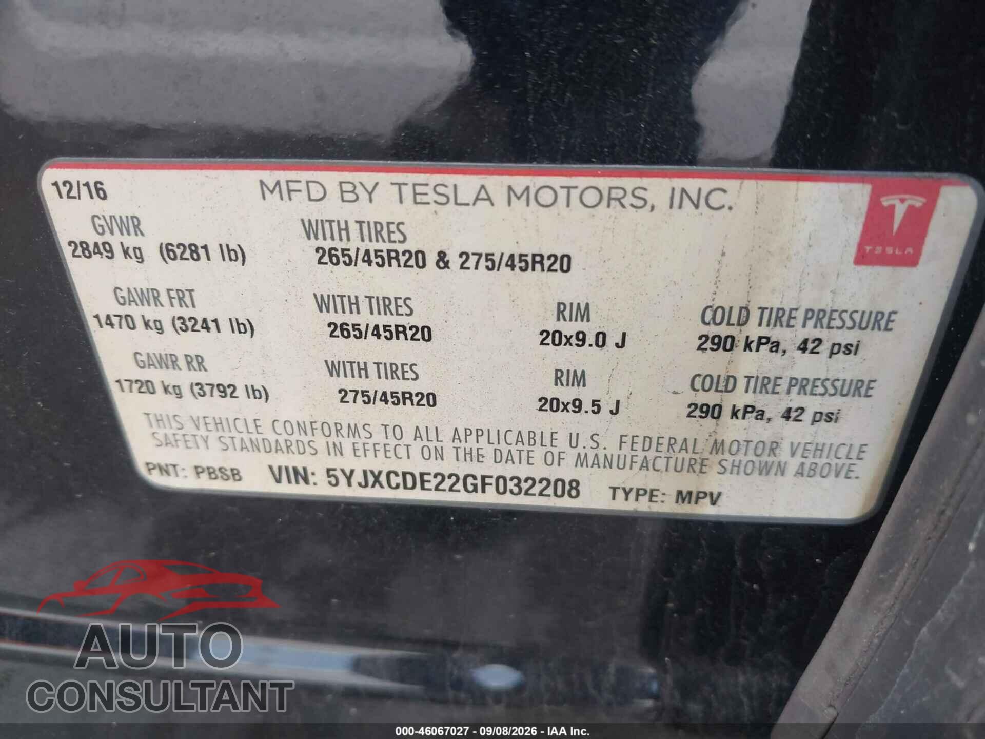 TESLA MODEL X 2016 - 5YJXCDE22GF032208