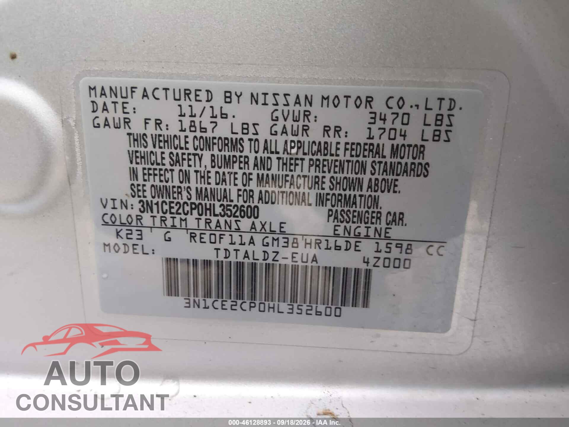 NISSAN VERSA NOTE 2017 - 3N1CE2CP0HL352600