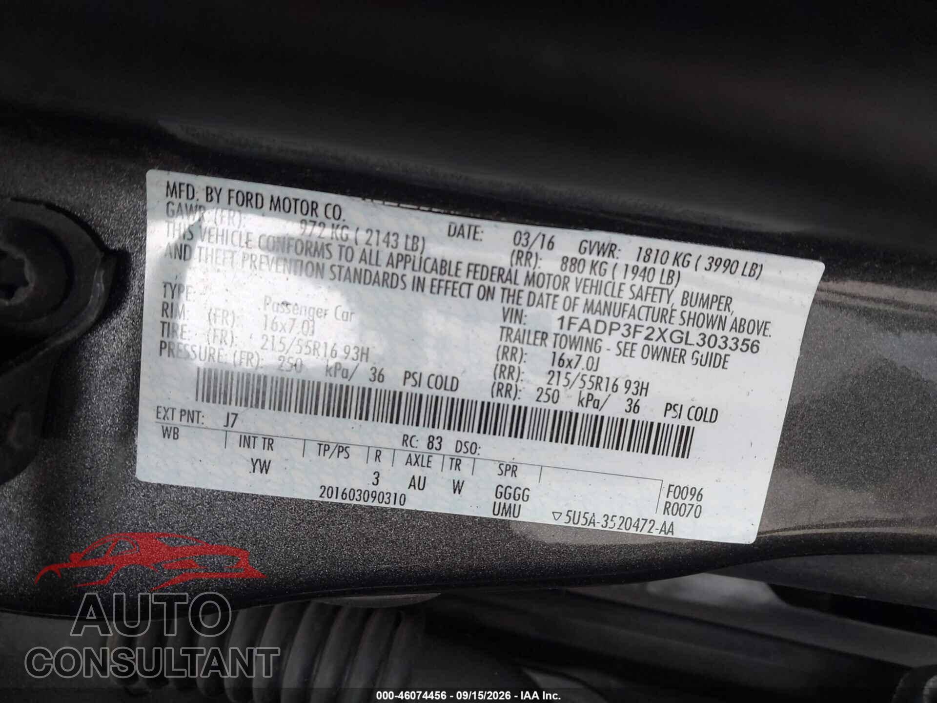 FORD FOCUS 2016 - 1FADP3F2XGL303356