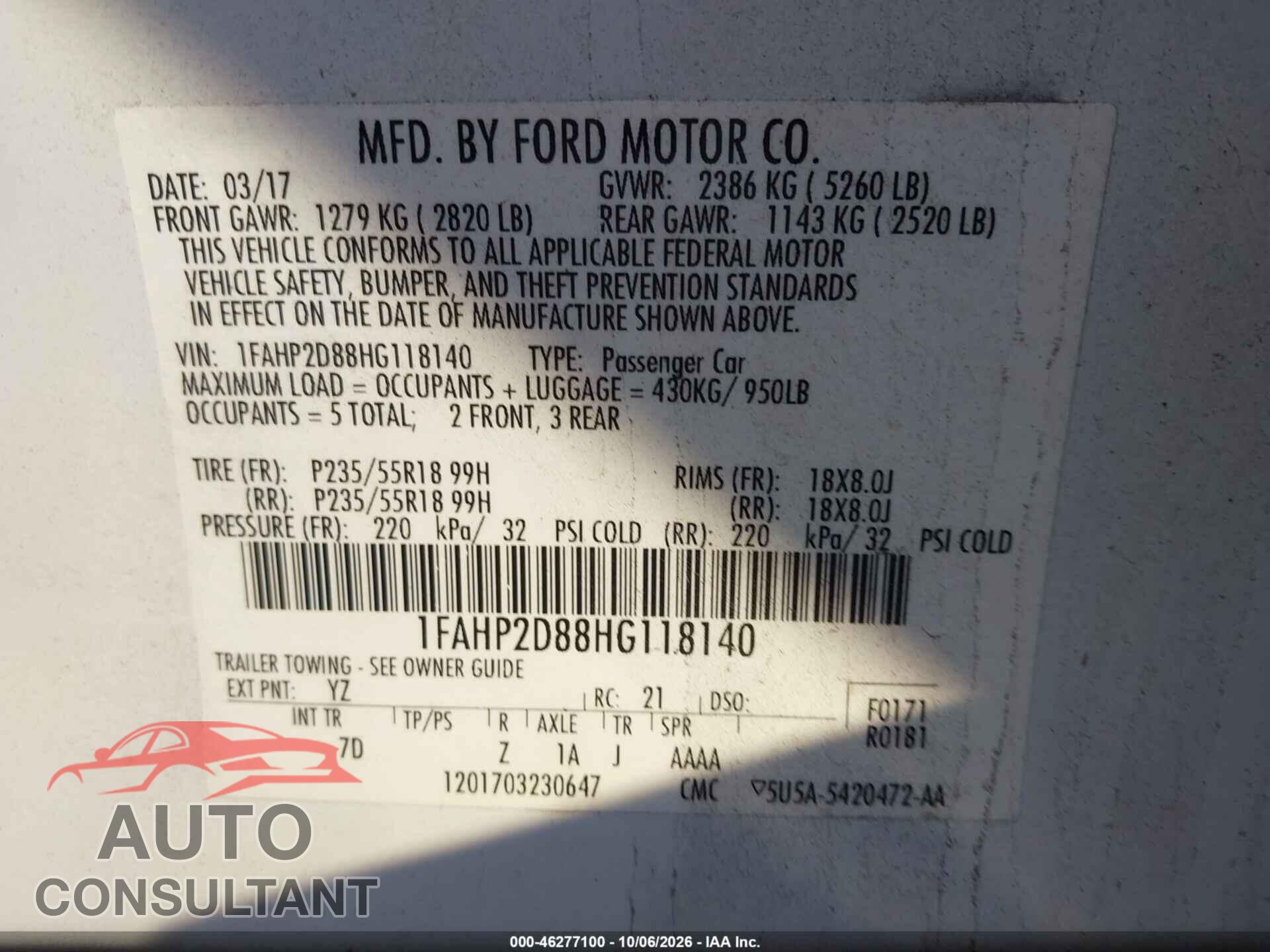 FORD TAURUS 2017 - 1FAHP2D88HG118140