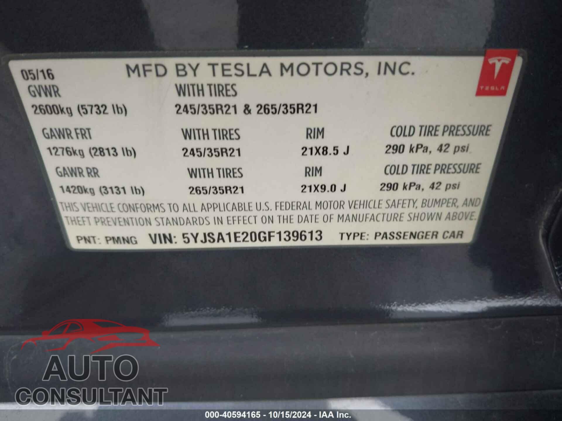 TESLA MODEL S 2016 - 5YJSA1E20GF139613
