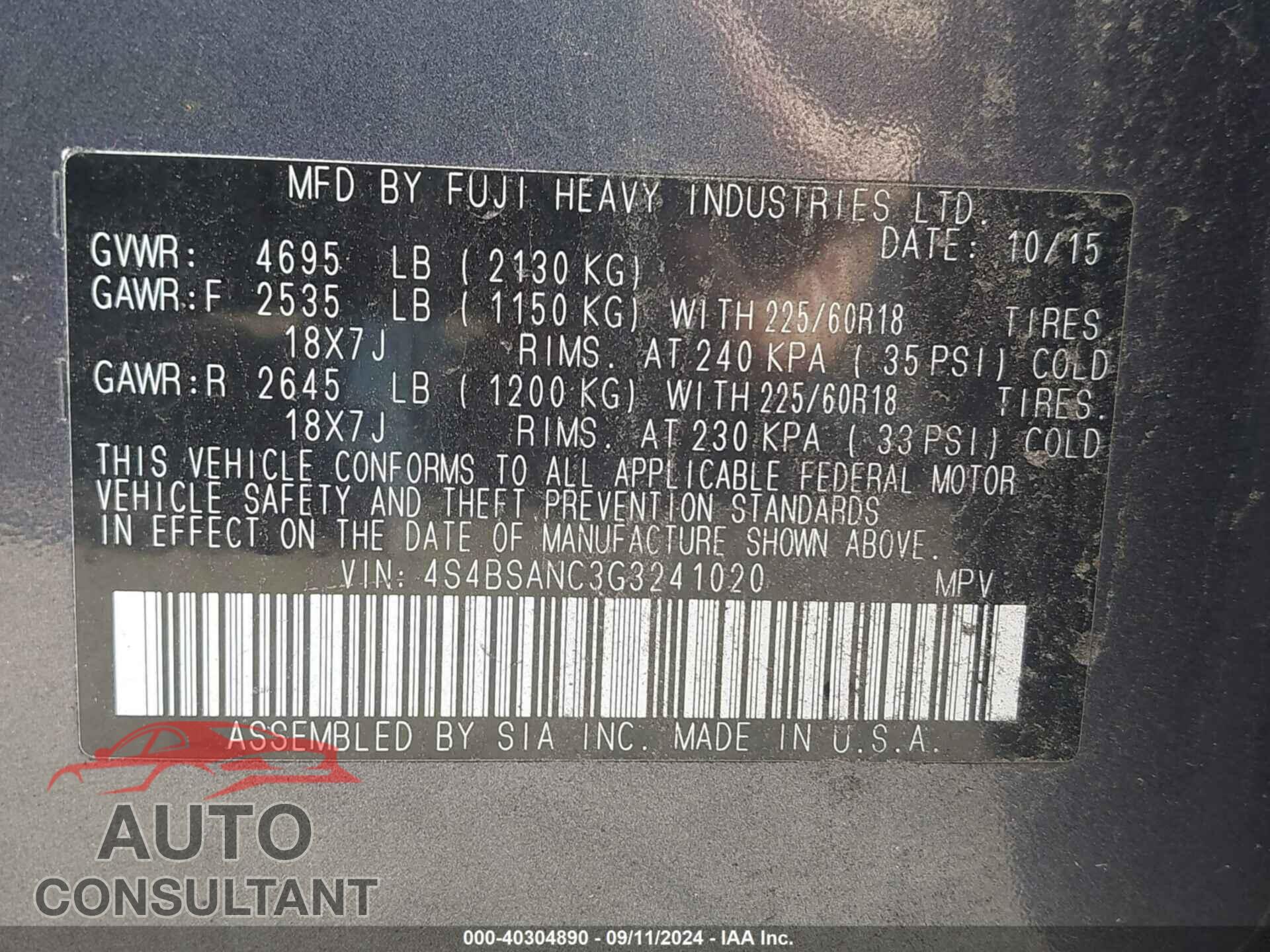 SUBARU OUTBACK 2016 - 4S4BSANC3G3241020