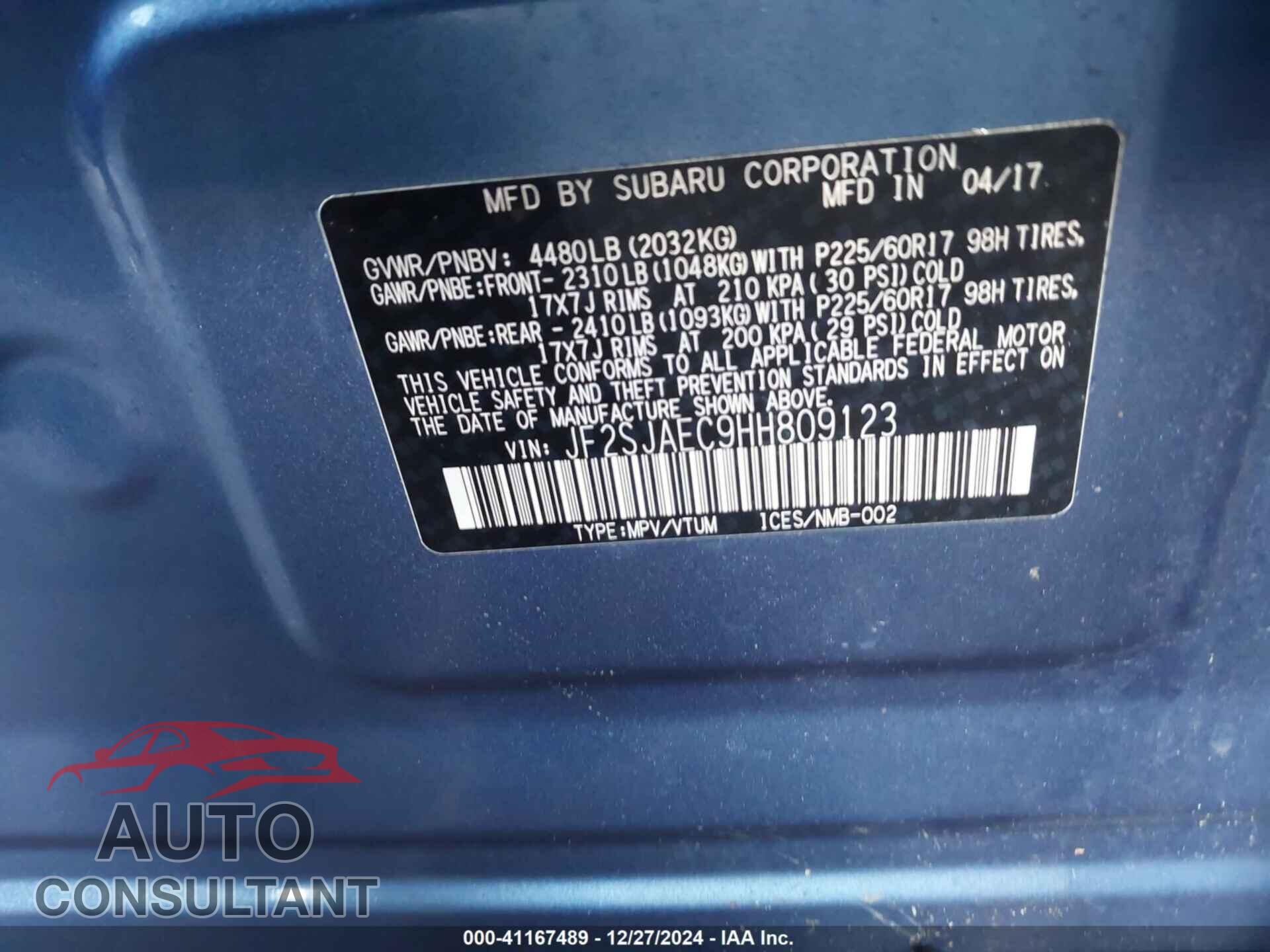 SUBARU FORESTER 2017 - JF2SJAEC9HH809123
