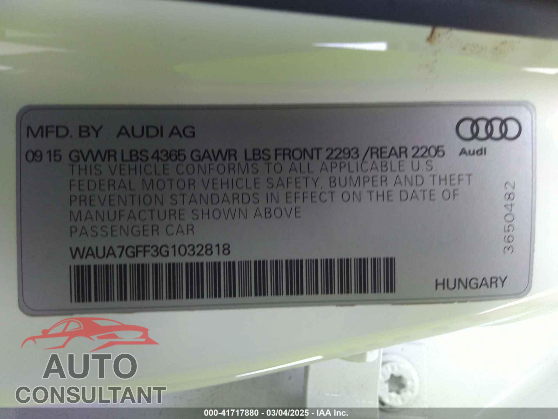 AUDI A3 2016 - WAUA7GFF3G1032818