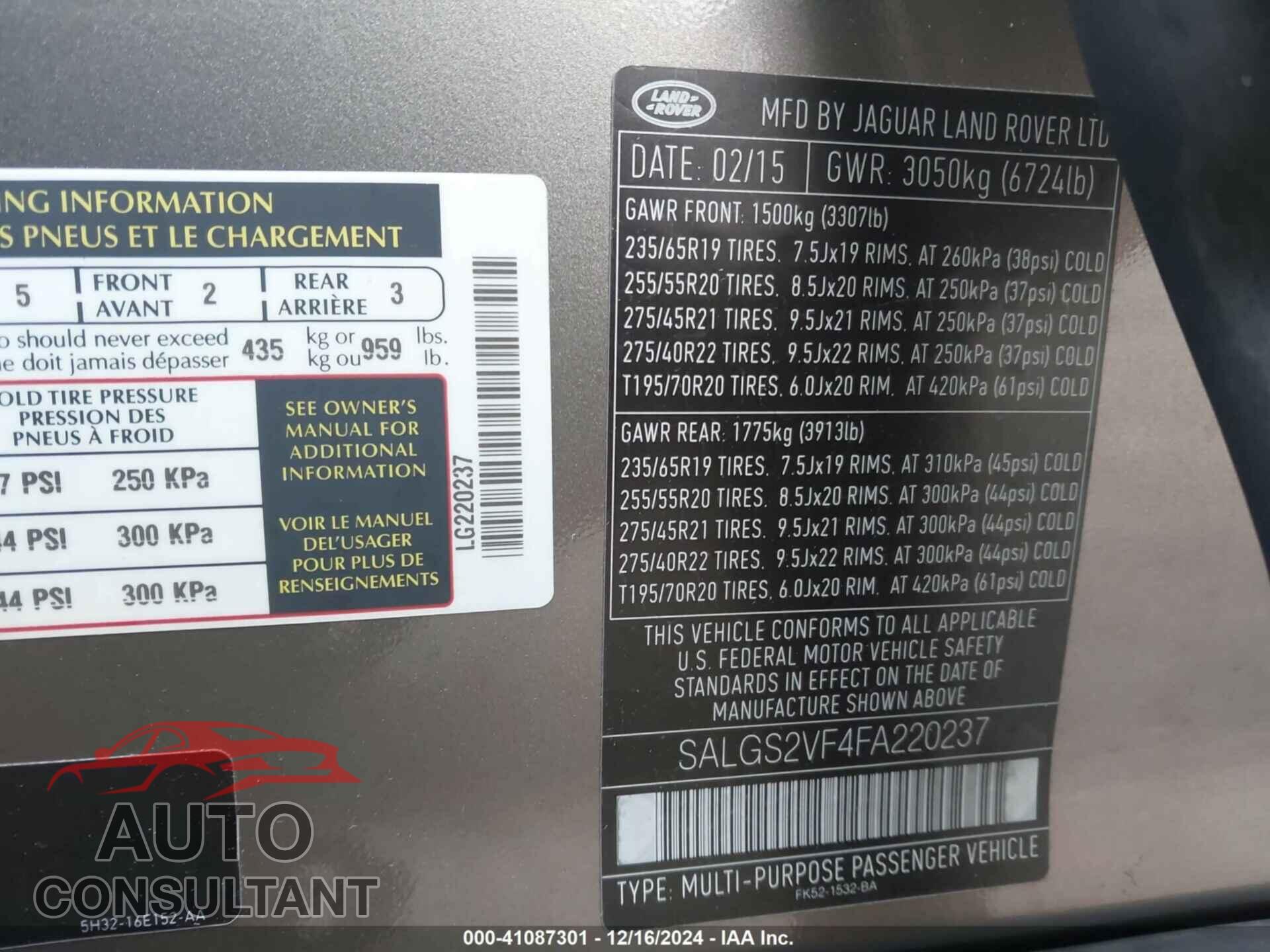 LAND ROVER RANGE ROVER 2015 - SALGS2VF4FA220237
