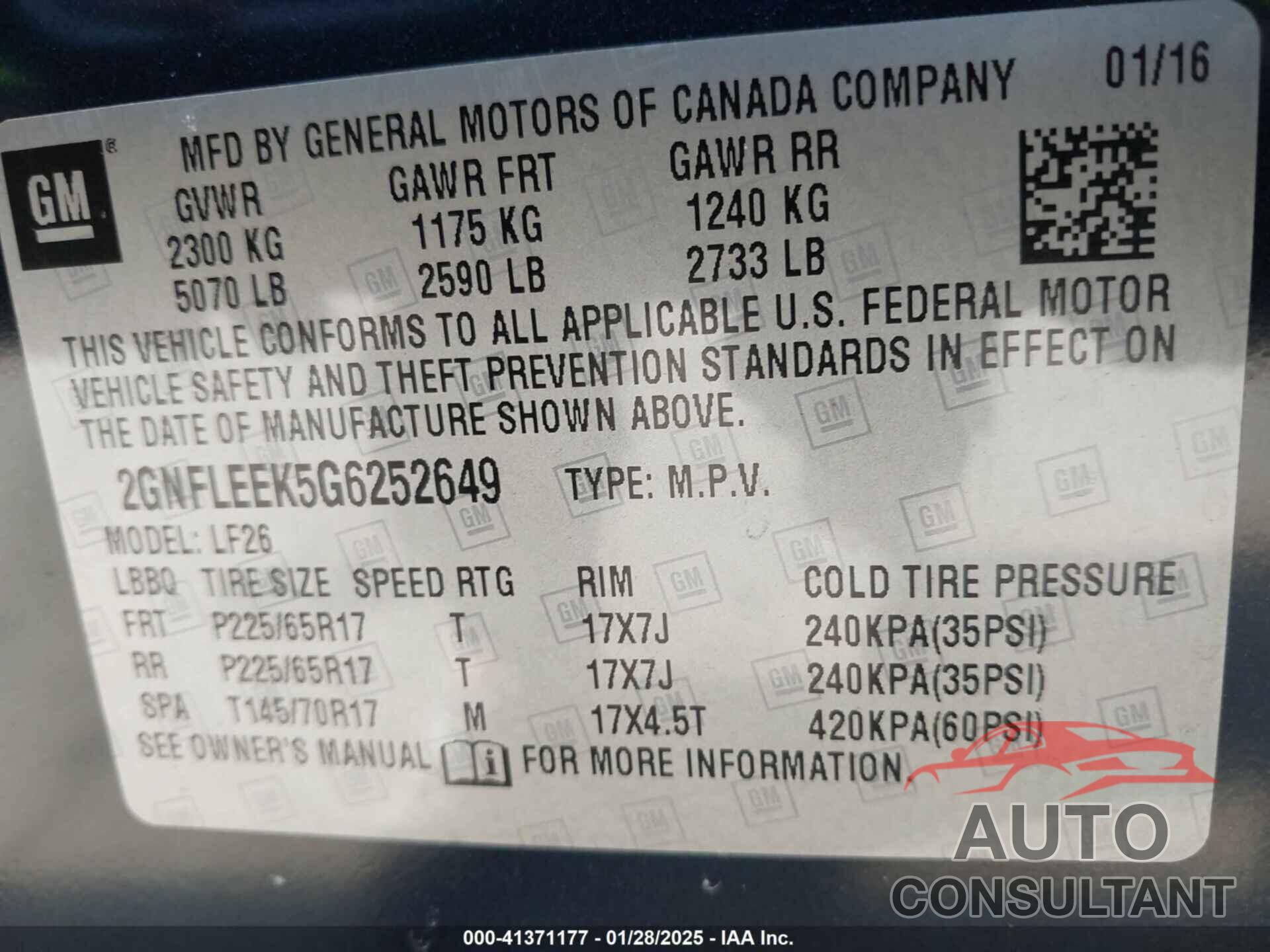 CHEVROLET EQUINOX 2016 - 2GNFLEEK5G6252649