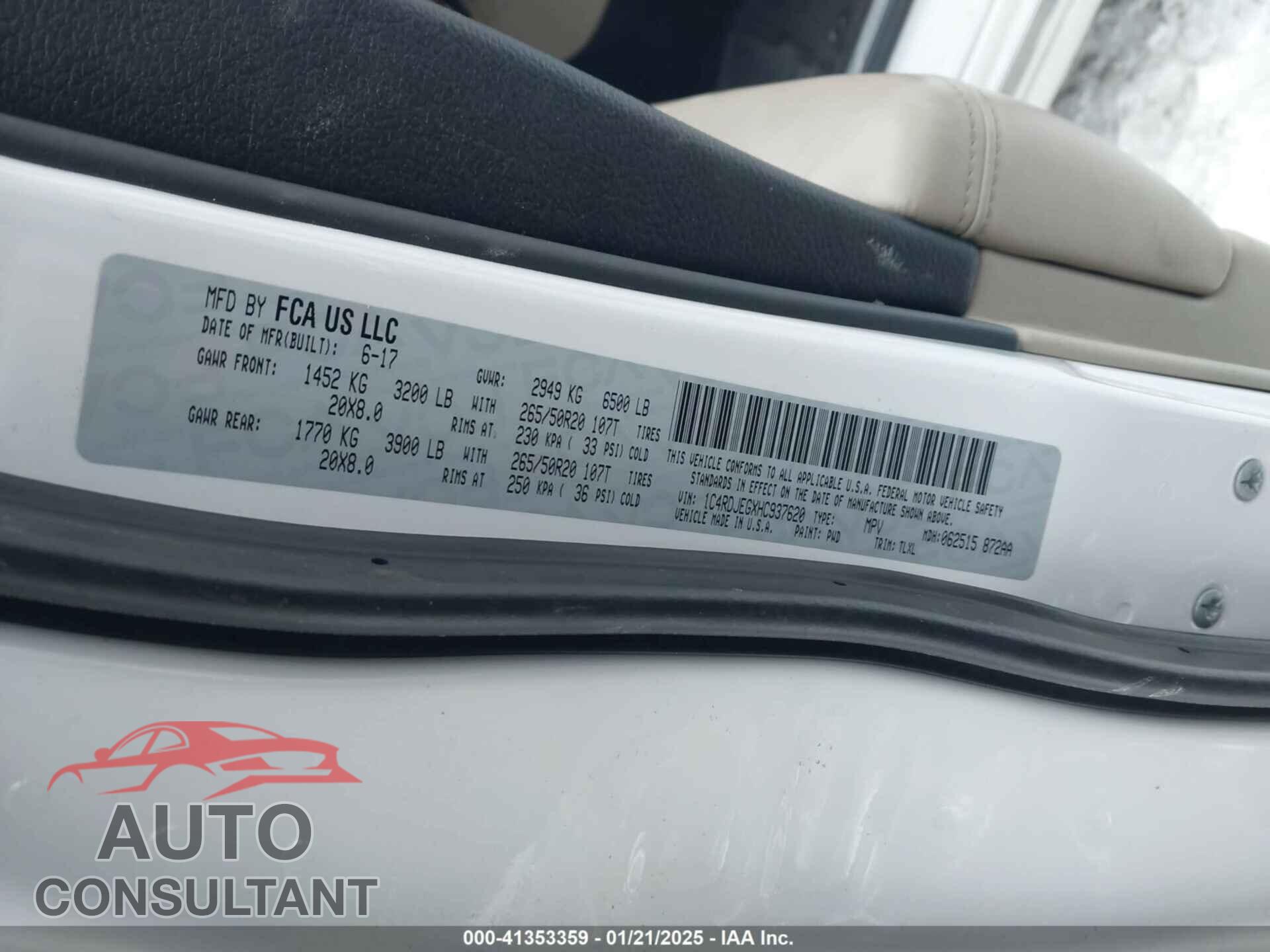 DODGE DURANGO 2017 - 1C4RDJEGXHC937620