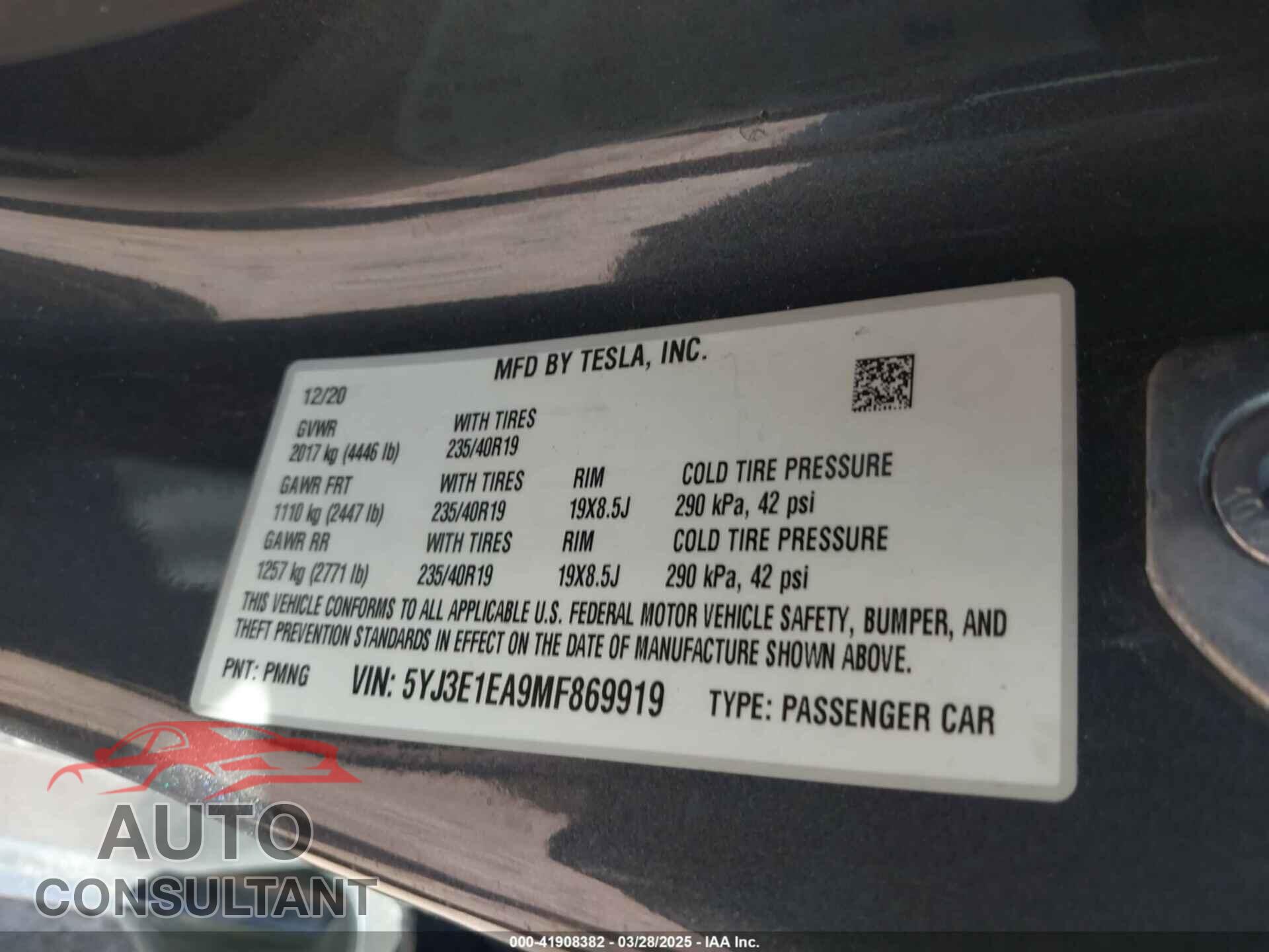 TESLA MODEL 3 2021 - 5YJ3E1EA9MF869919