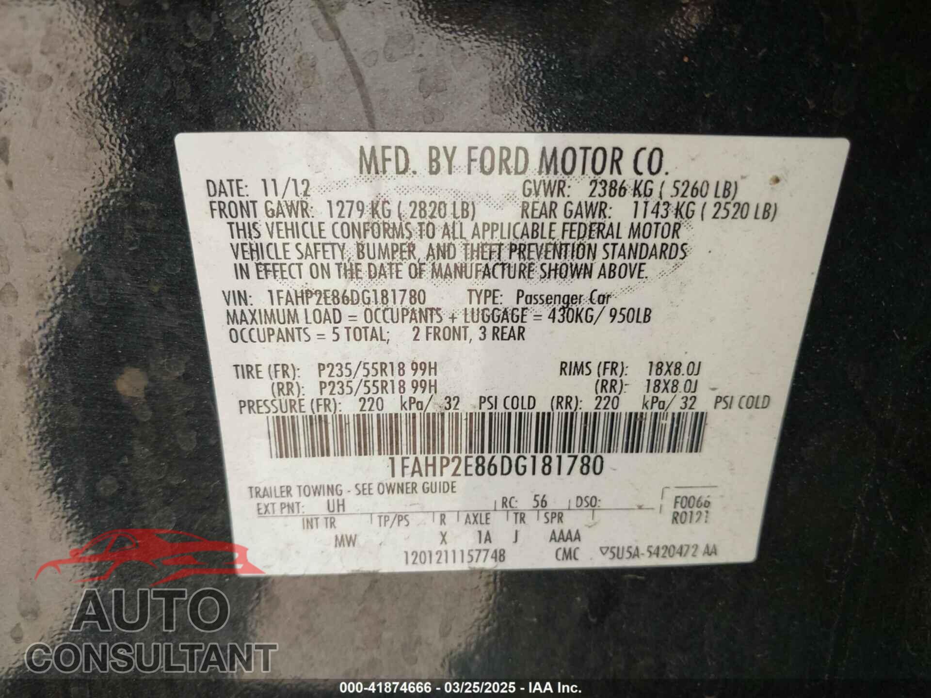 FORD TAURUS 2013 - 1FAHP2E86DG181780