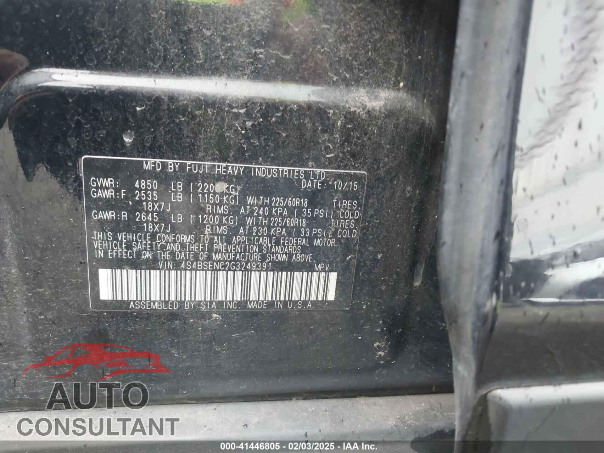 SUBARU OUTBACK 2016 - 4S4BSENC2G3249391