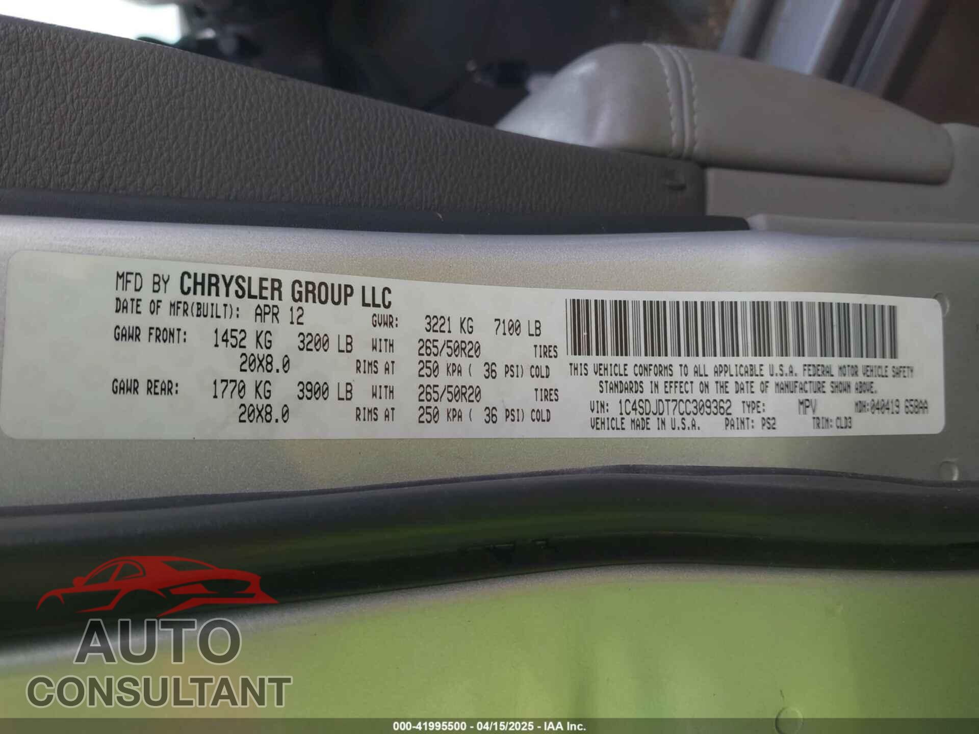 DODGE DURANGO 2012 - 1C4SDJDT7CC309362