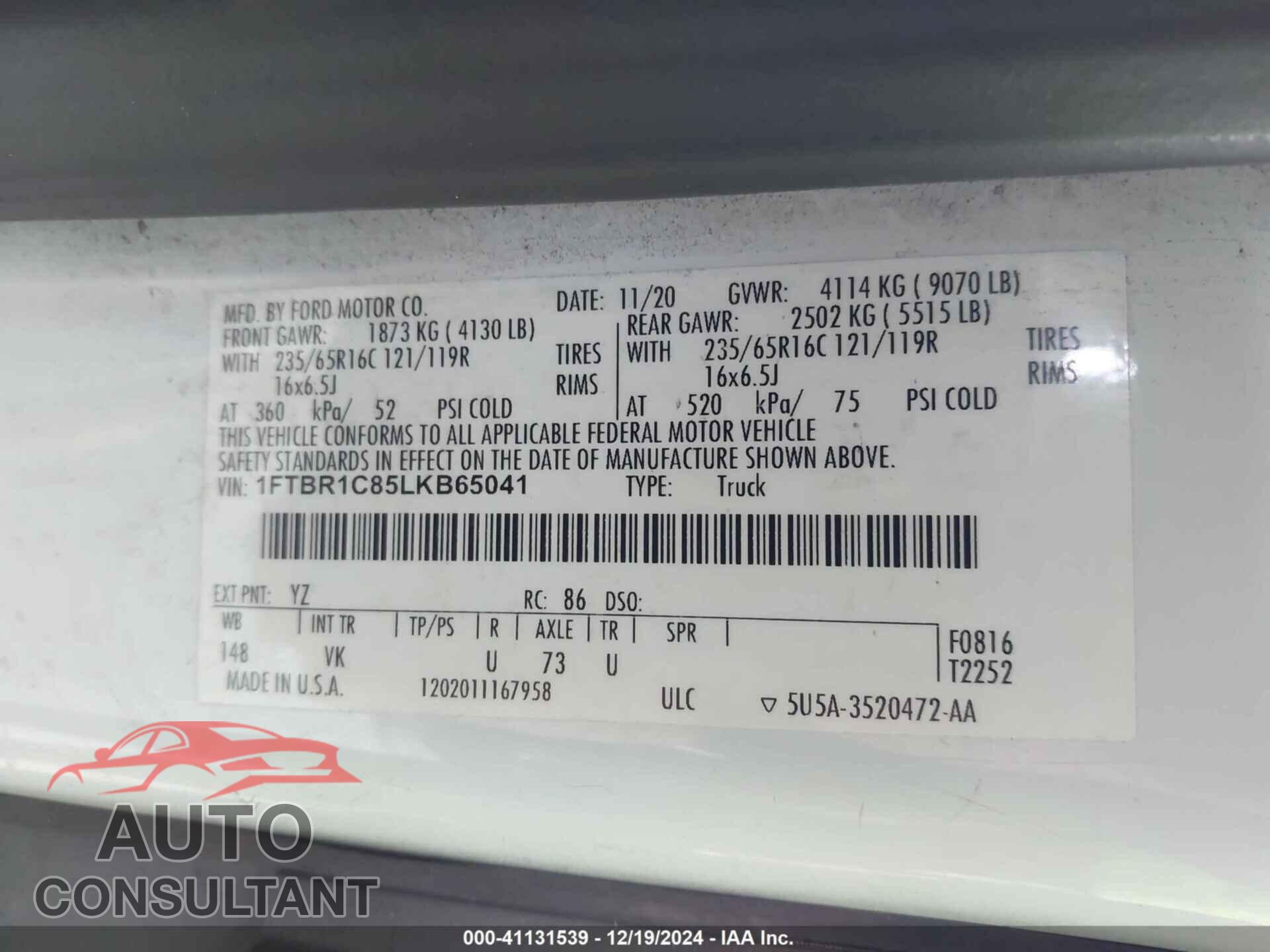FORD TRANSIT-250 2020 - 1FTBR1C85LKB65041