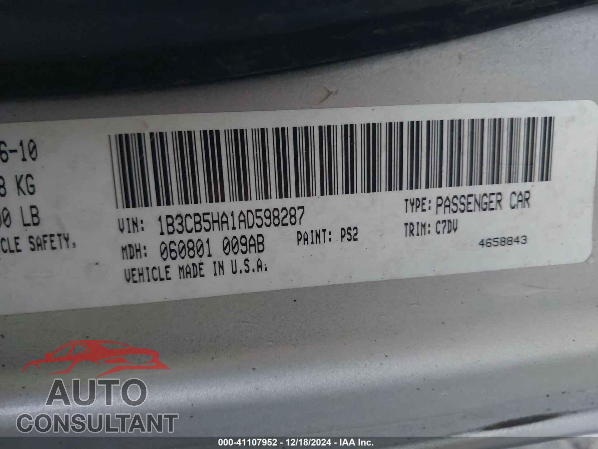 DODGE CALIBER 2010 - 1B3CB5HA1AD598287