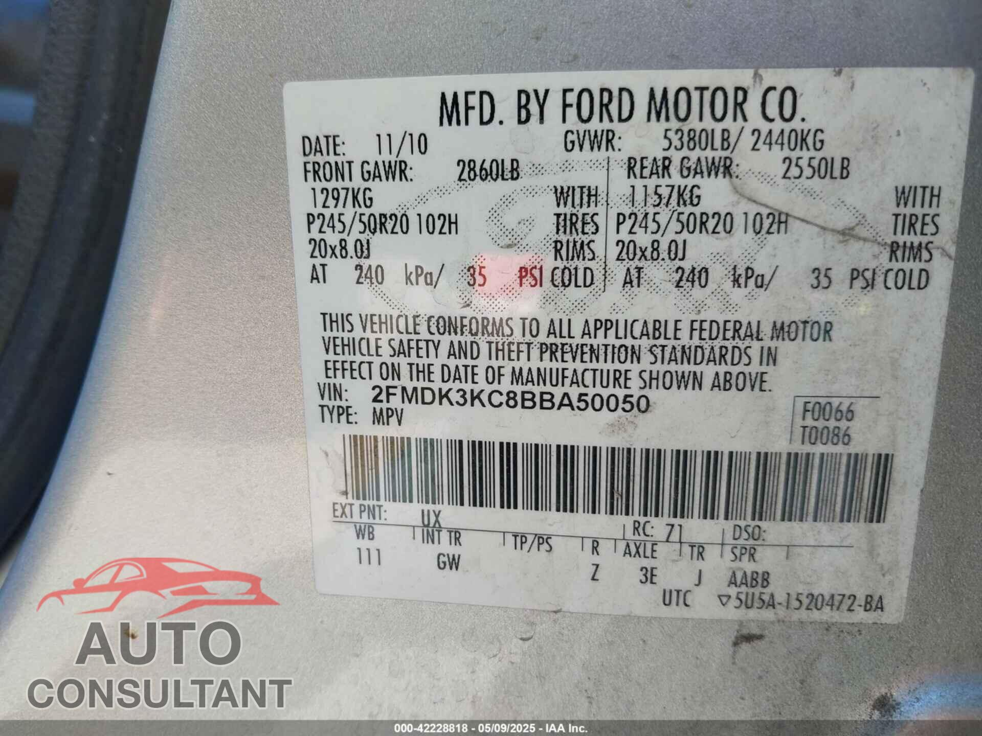 FORD EDGE 2011 - 2FMDK3KC8BBA50050