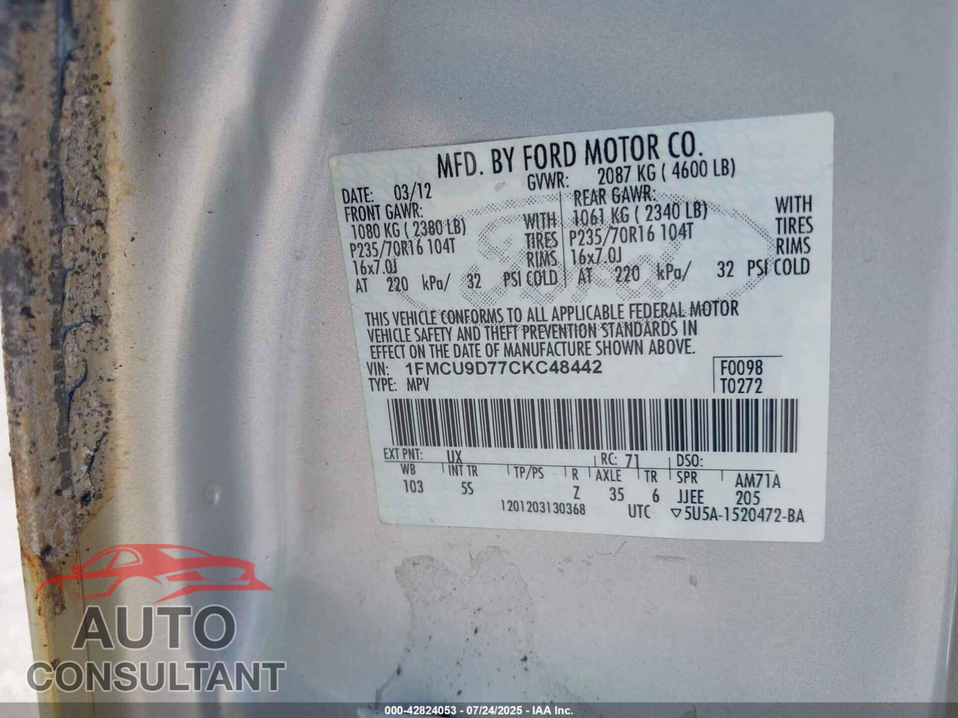 FORD ESCAPE 2012 - 1FMCU9D77CKC48442