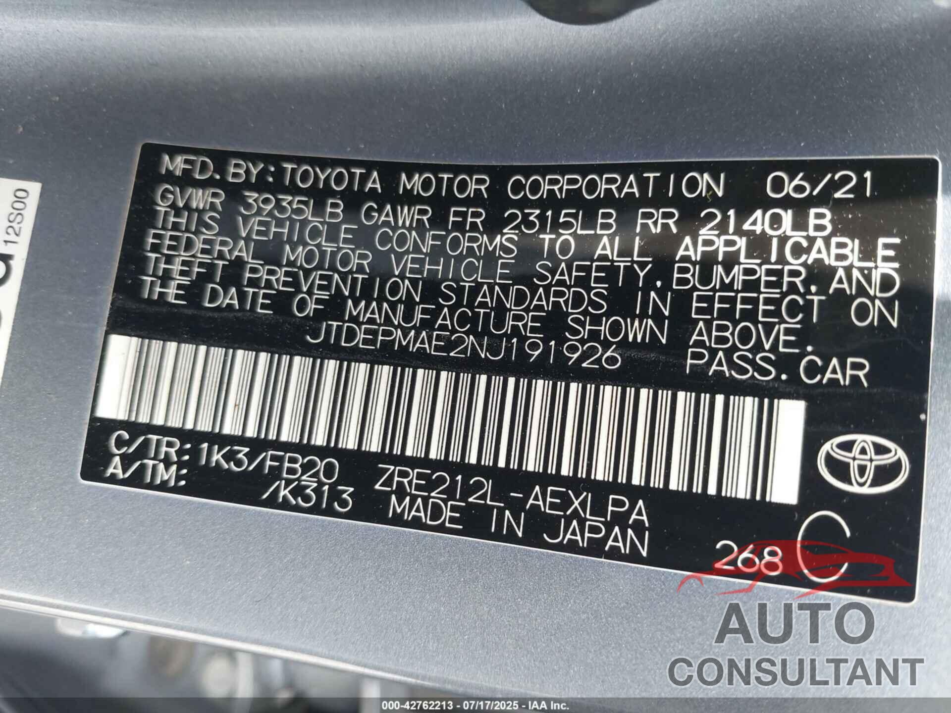 TOYOTA COROLLA 2022 - JTDEPMAE2NJ191926