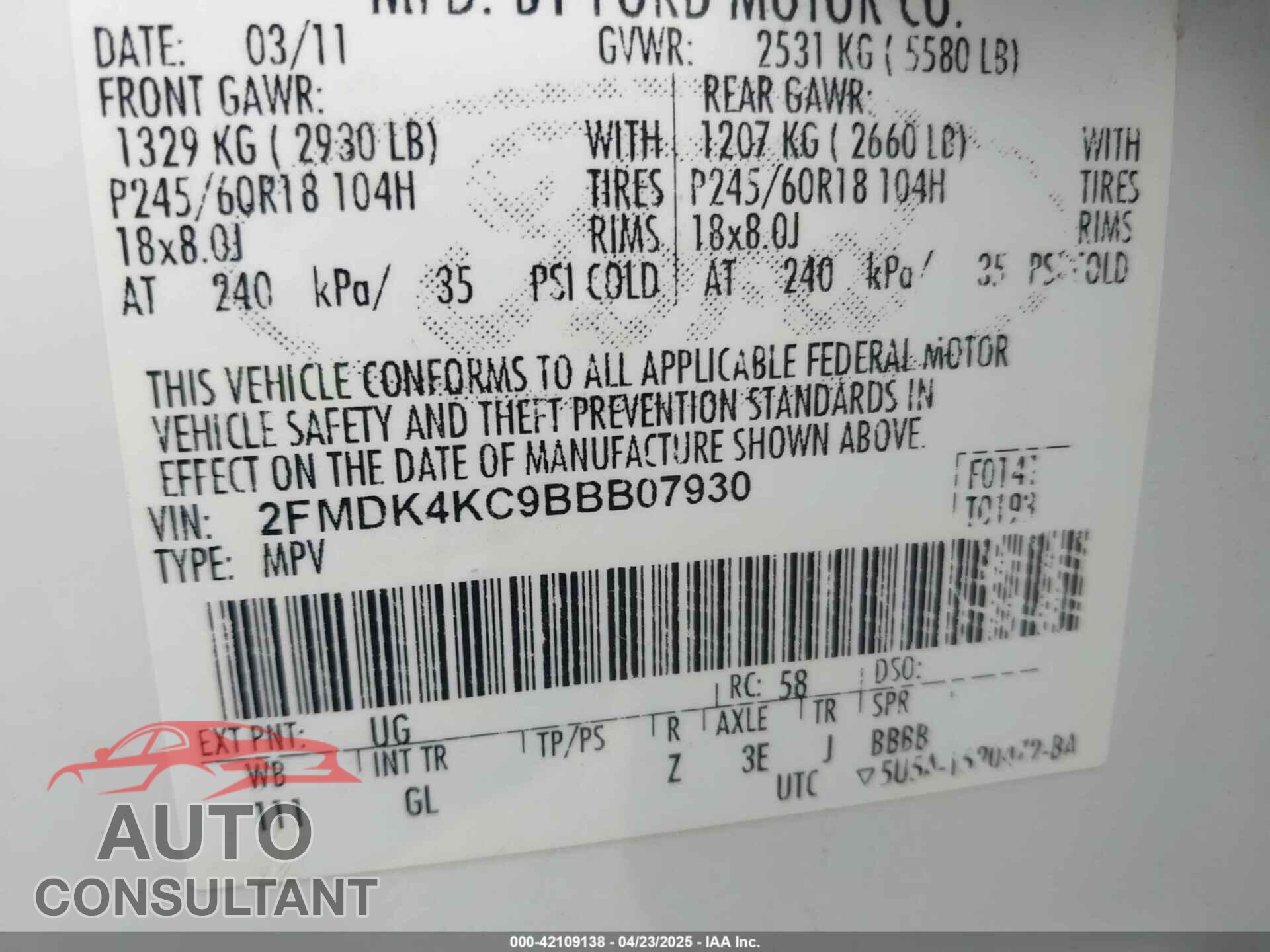 FORD EDGE 2011 - 2FMDK4KC9BBB07930