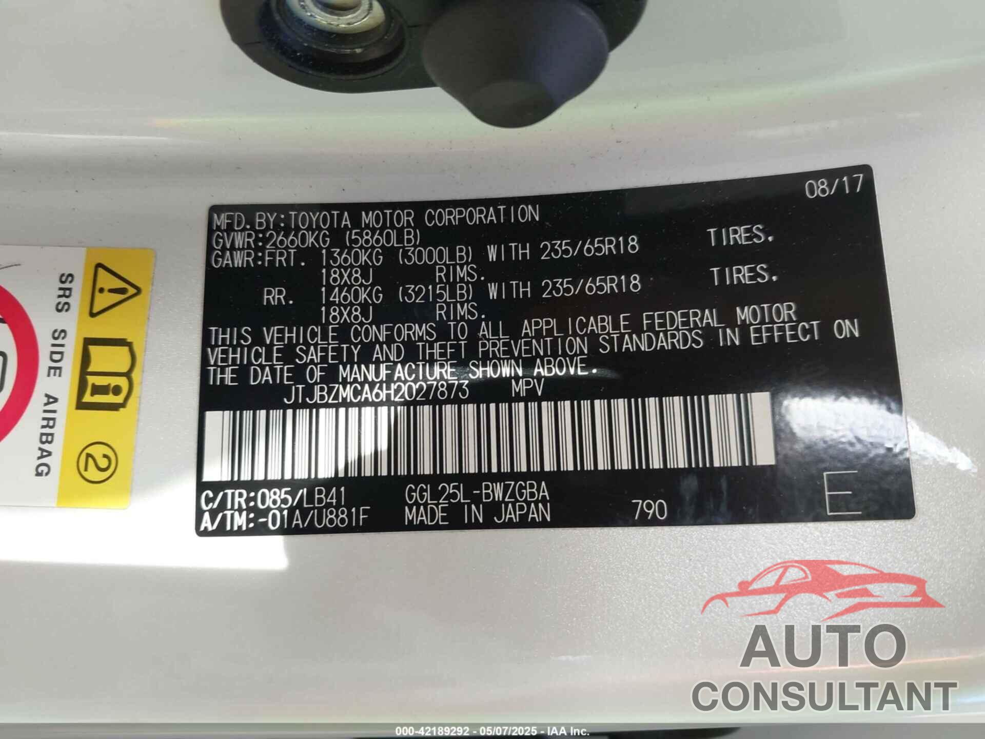 LEXUS RX 350 2017 - JTJBZMCA6H2027873