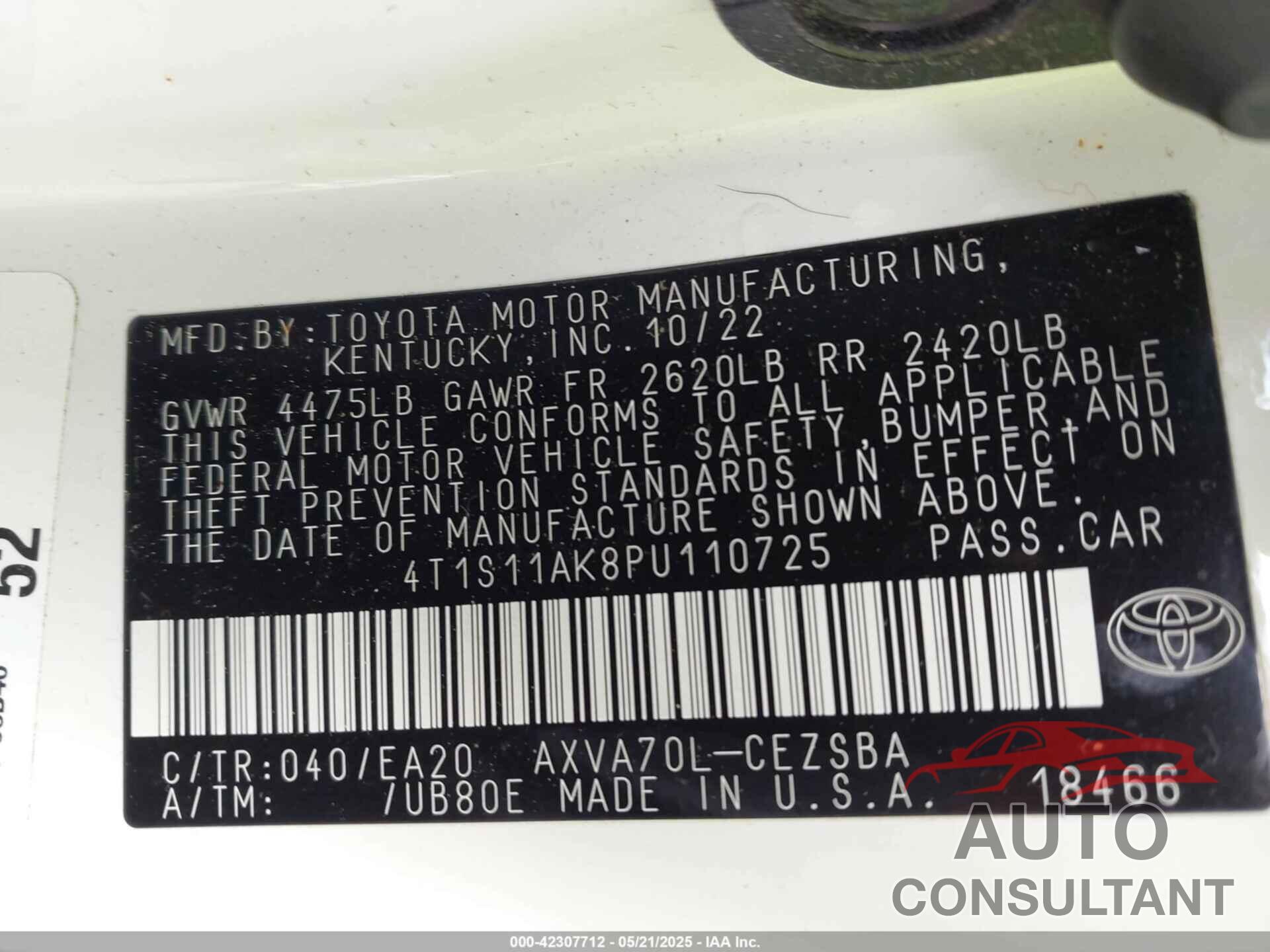 TOYOTA CAMRY 2023 - 4T1S11AK8PU110725