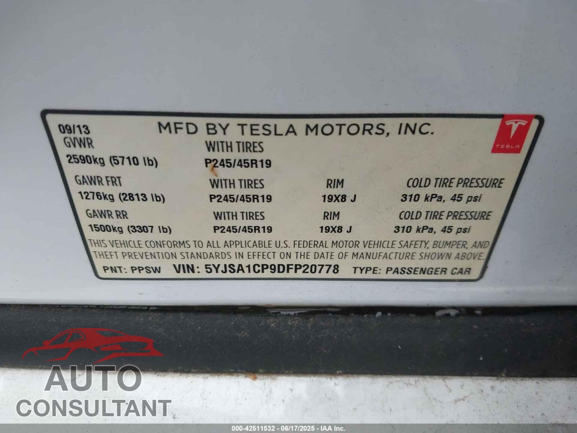 TESLA MODEL S 2013 - 5YJSA1CP9DFP20778
