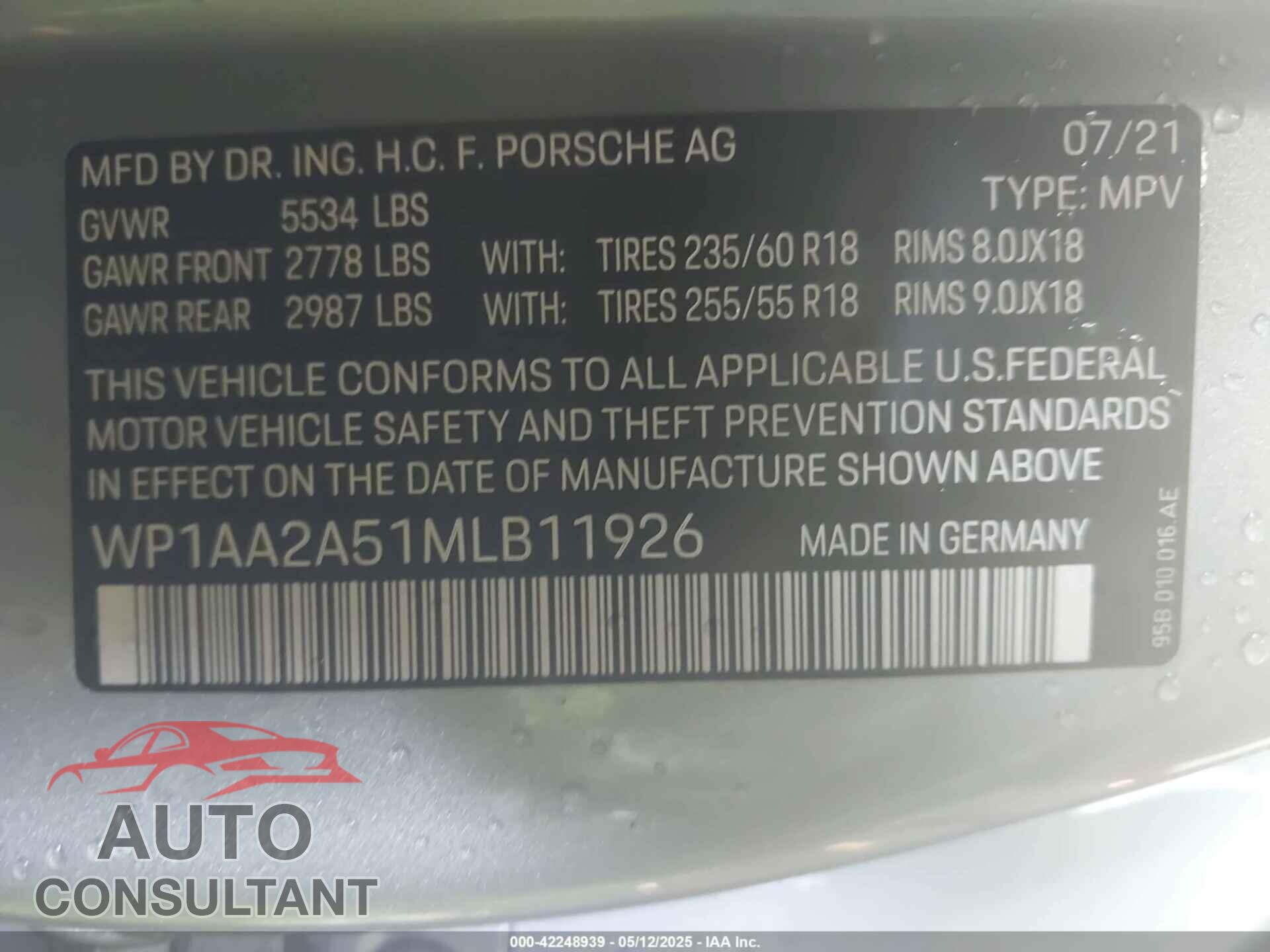 PORSCHE MACAN 2021 - WP1AA2A51MLB11926