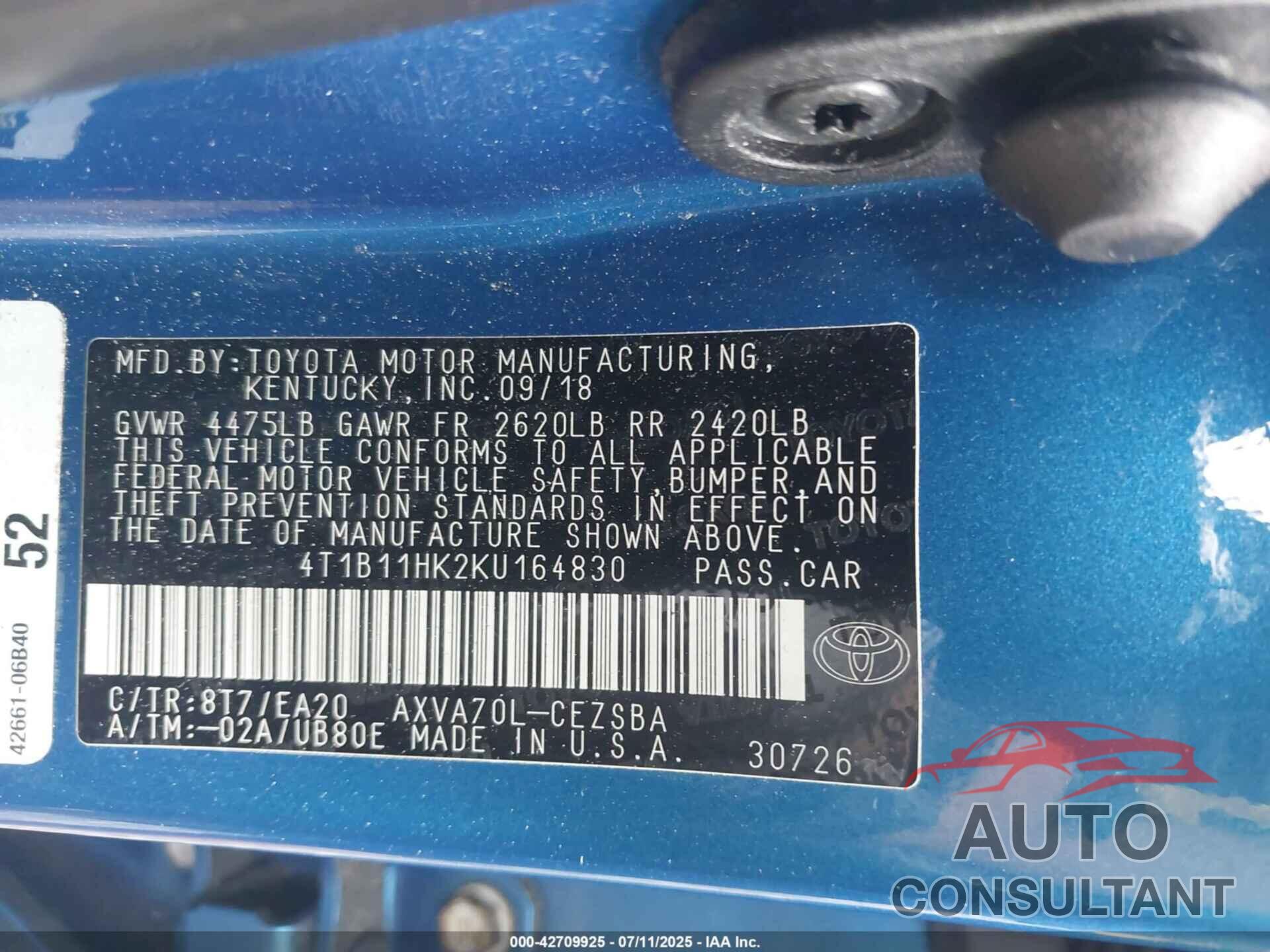 TOYOTA CAMRY 2019 - 4T1B11HK2KU164830