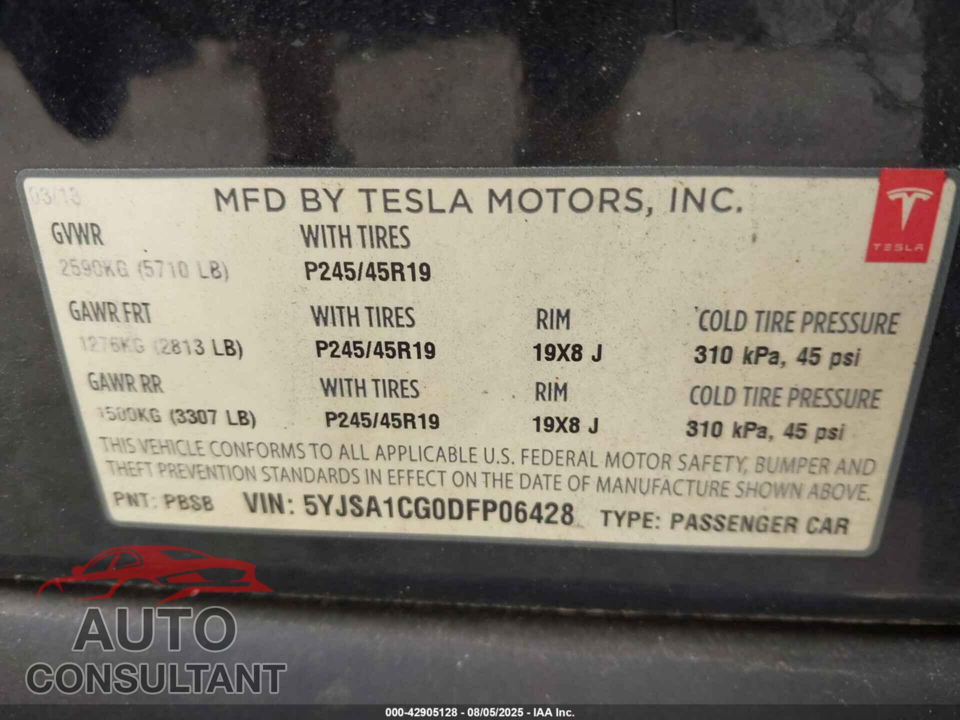 TESLA MODEL S 2013 - 5YJSA1CG0DFP06428